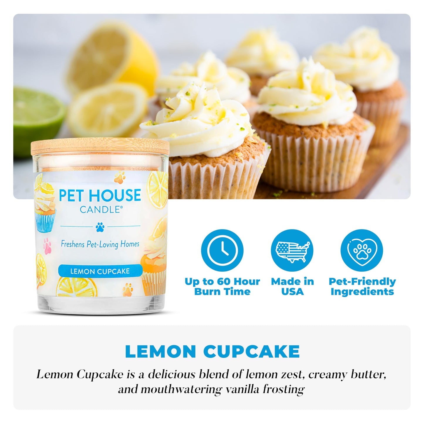 Pet House Candles, Clean Long-Lasting Pet Odor Candles for Home, Plant-Based, 60 Hour Burn Time - Lemon Cupcake, 9 oz