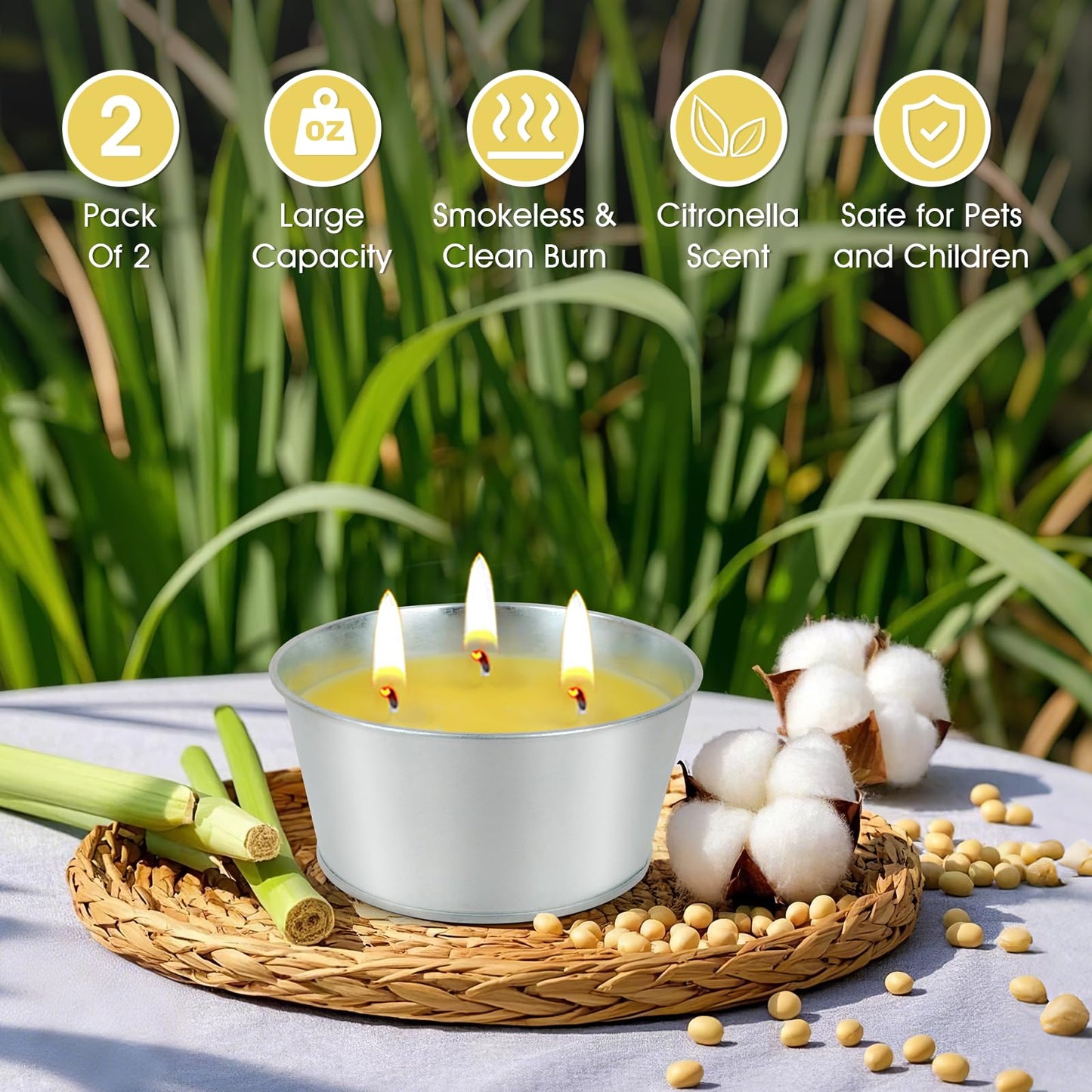 Large Citronella Candles Outdoor - Lemongrass Scented Candle Set 2 Pack Natural Wax Bucket Citronella Candles up to 180 Hours for Garden Patio Yard Home Balcony Camping Backyard