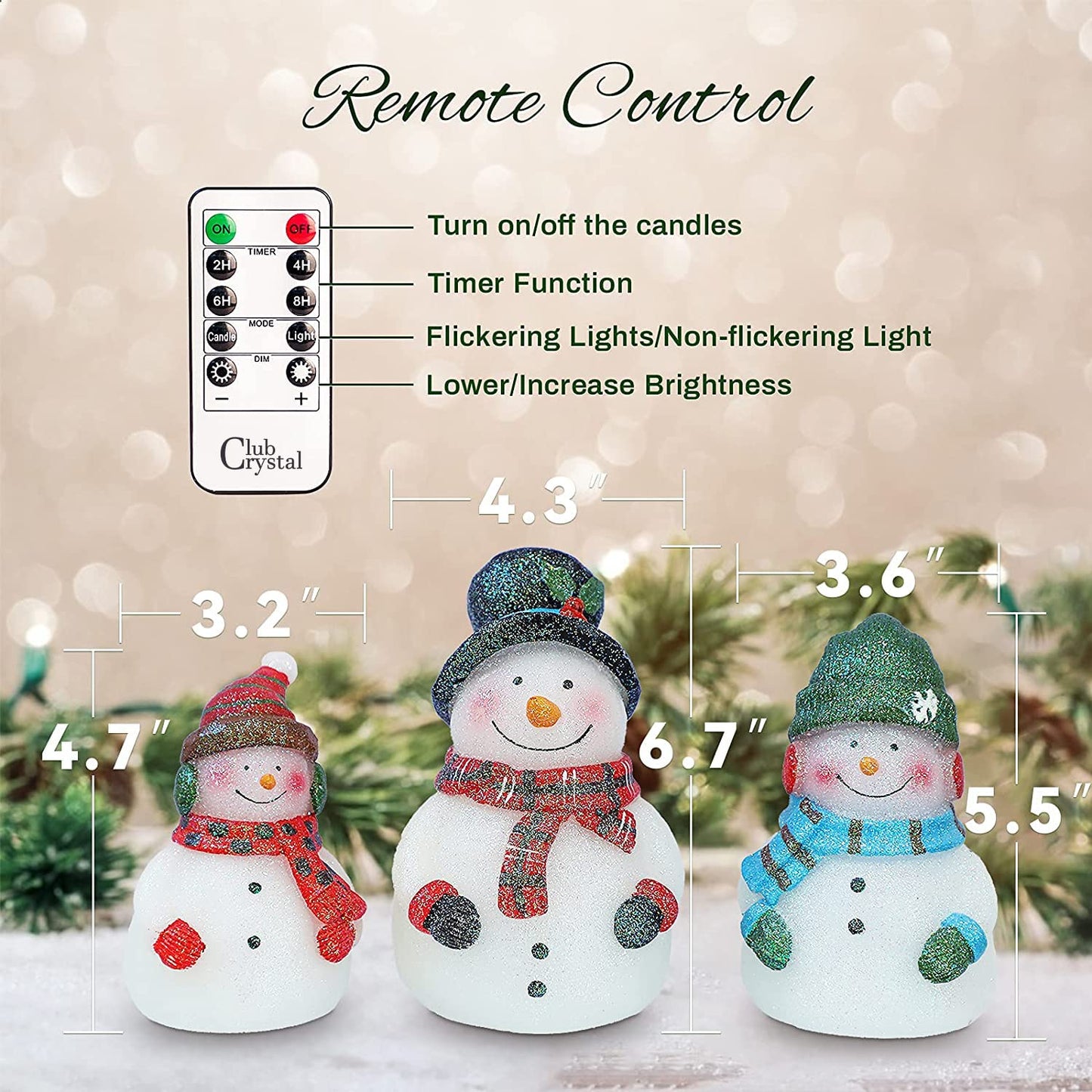 Crystal Club Christmas Flameless Candles, Set of 3 Santa Snowman Real Wax Candles, Battery Operated LED Candles with Remote and Timer for Christmas Tree, Holiday Home Décor (Red)