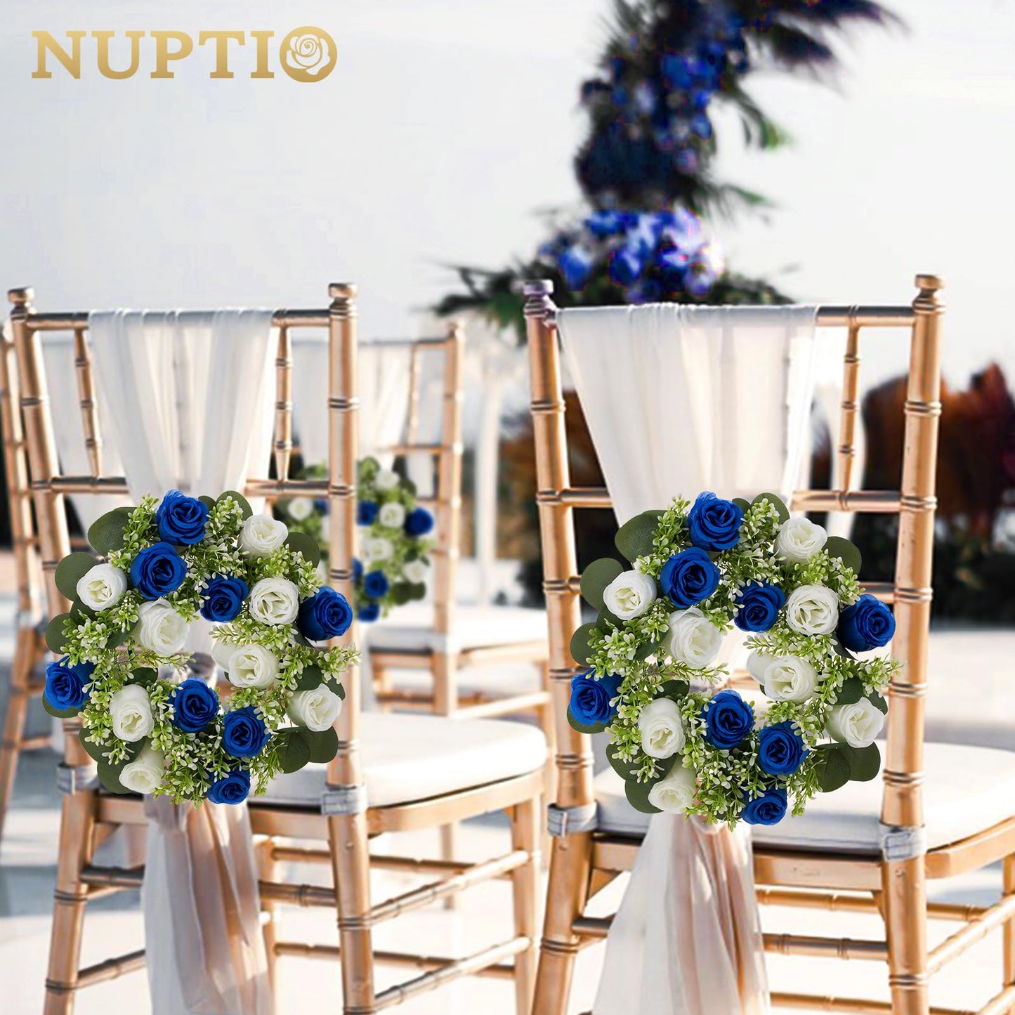 NUPTIO Flower Candle Rings for Centerpieces: 13.4 Inch Rose Wreath for Wedding Party Christmas - Royal Blue & White Wreaths for Spring Summer Front Door Porch Table Decor 6 Pcs