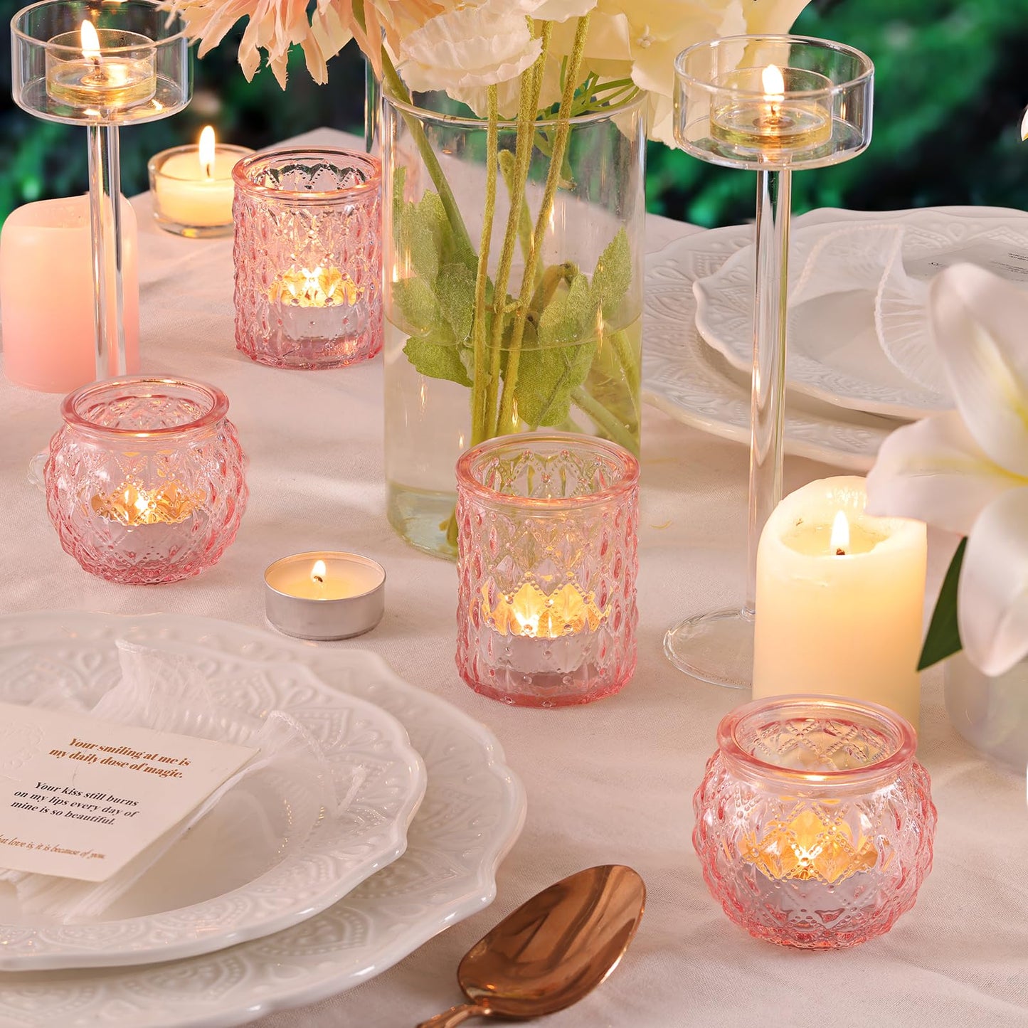 DARJEN 12Pcs Pink Votive Candle Holders- Glass Candle Holders Bulk for Flameless Tea Waxes, Romantic Candle Holder for Wedding & Parties, Home Table Decor