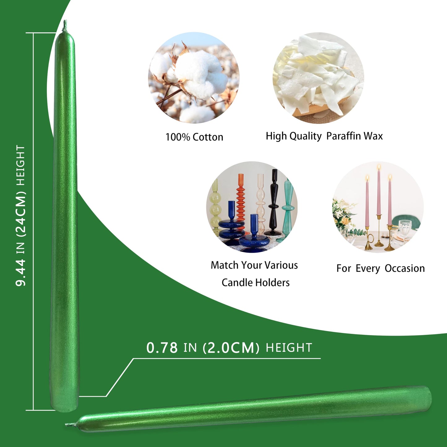 Emerald Green Taper Candles Set of 4, 10 Inch Handmade Candle Stick, Metal Candlesticks, Unscented Tapered Candles for Christmas Dinner Table Decor Gift