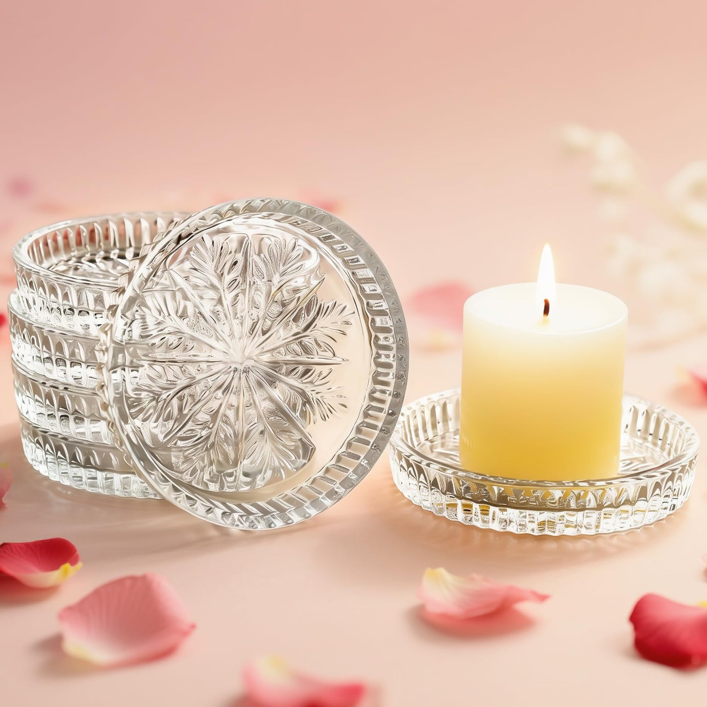 kanpura 3.5 Inch Crystal Glass Candle Plates Round Votive Candle Holder Plates Clear Glass Candle Trays for Home Christmas Winter Party Decor(Set of 6)