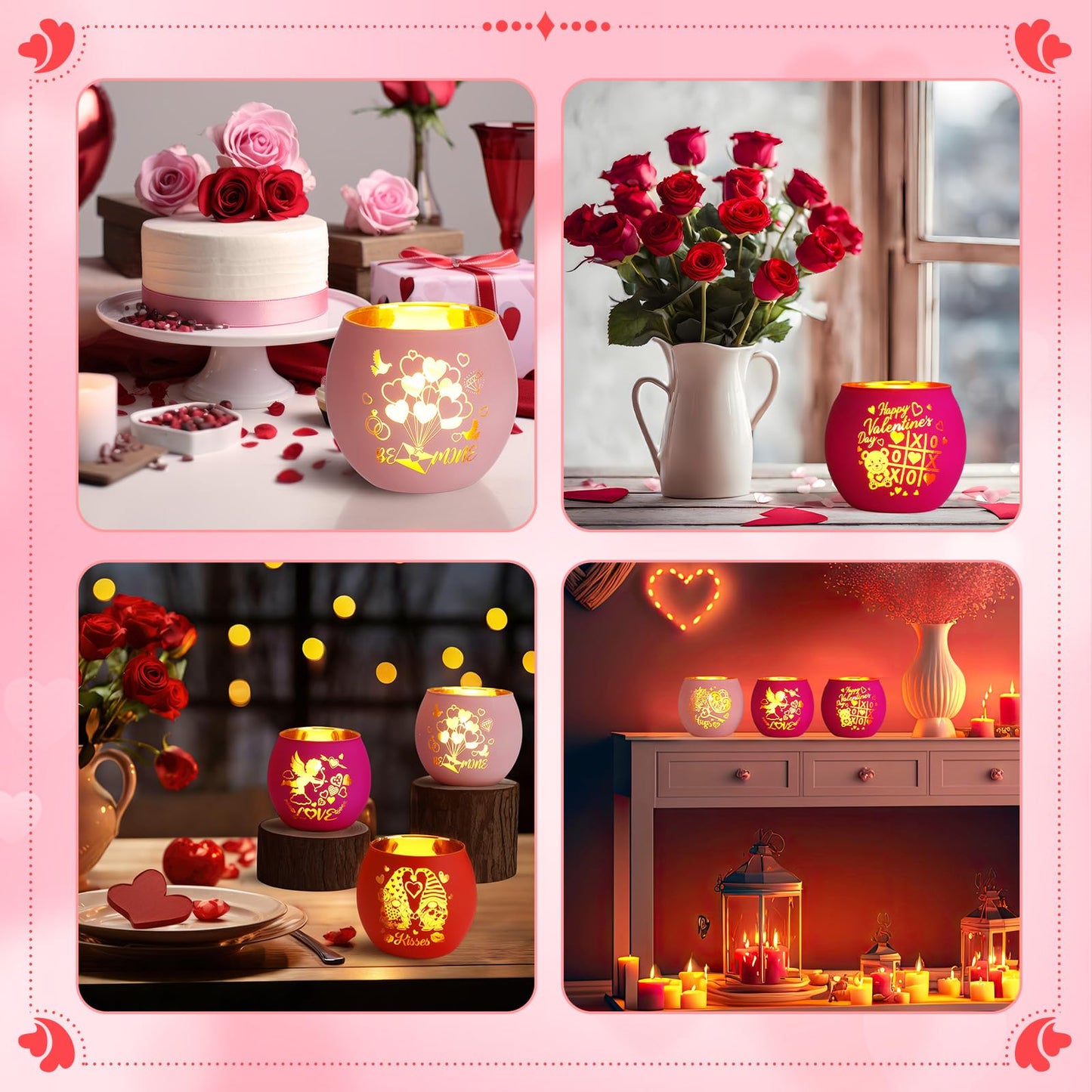 VIHOSE 6 Set Valentine's Day Tealight Candle Holders with 6 LED Battery Operated Candles Valentines Glass Tealight Holders Valentine Table Decorations for Home Table Centerpiece Decor Gifts