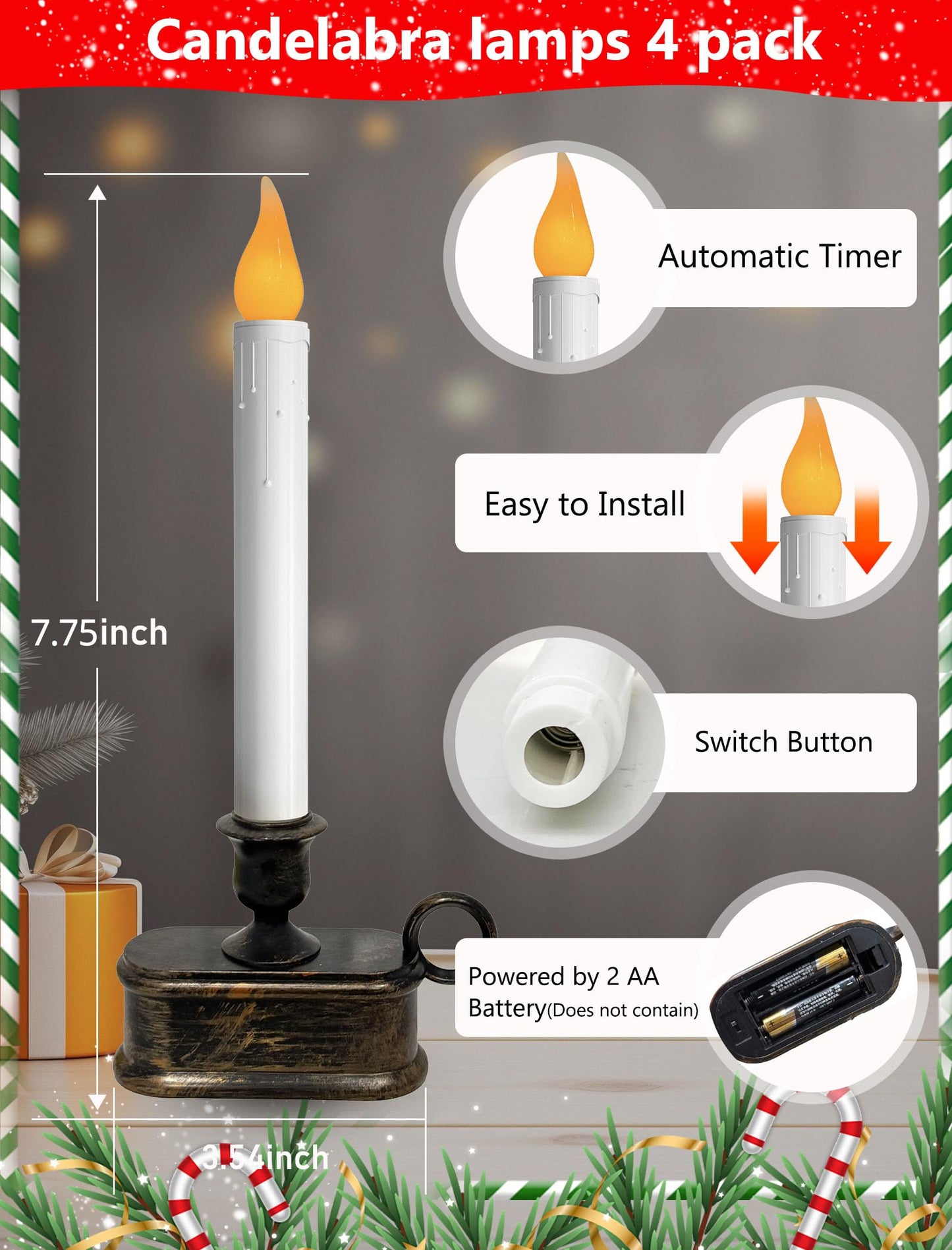 Xingzd 4PK Battery Operated LED Window Candles, Dusk to Dawn Light Sensor, Flicker Flame Christmas Window Candles with Bronze Base, 7.75 Inch Flameless Taper Candle for Table Bedroom Xmas