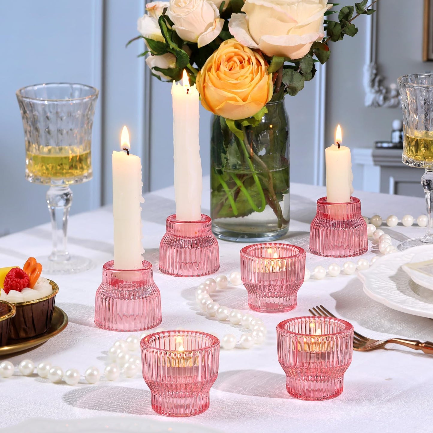 HAVITI 12 Pack PinkTaper Candle Holders, Glass Candlestick Holders, Tea Light Candle Holder for Fall Wedding Centerpieces Table Decorations, Votive Candle Holders for Table Decor