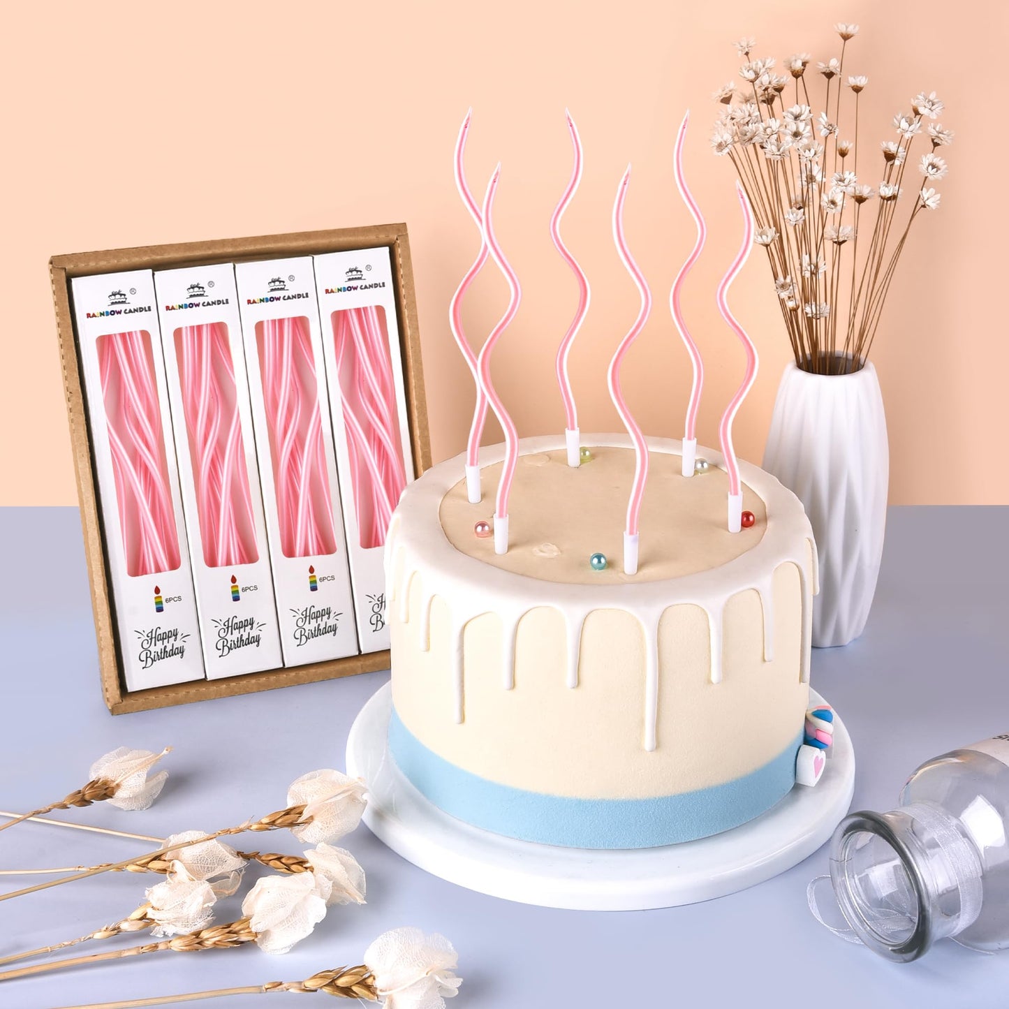 PHD CAKE 24-Count Pearl Pink Spiral Long Thin Birthday Candles, Cake Candles, Birthday Parties, Wedding Decorations, Party Candles