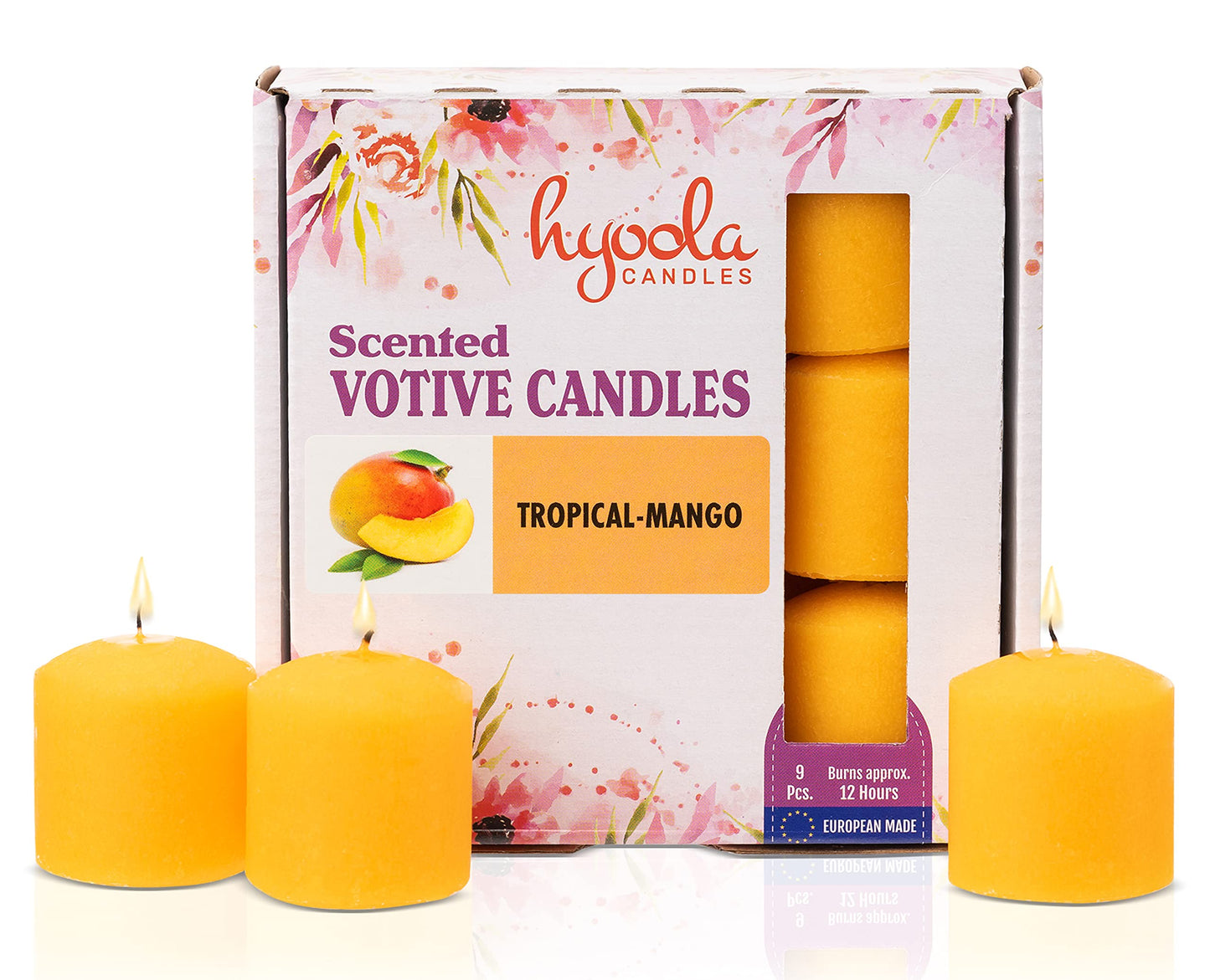 HYOOLA Scented Votive Candles - Tropical Mango Votive Candles -12 Hour Burn Time - 9 Pack - European Made