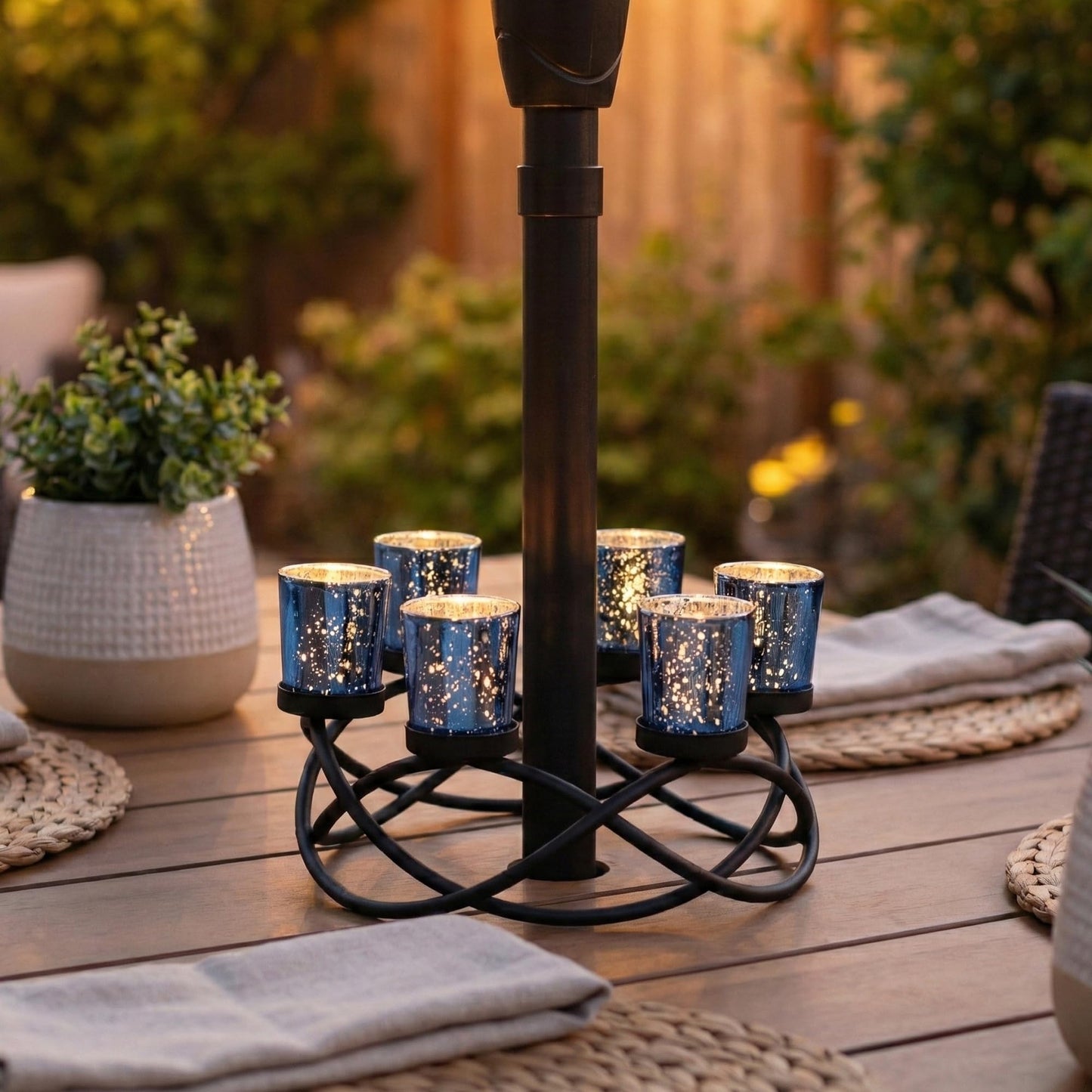 Seraphic Centerpieces for Table Decorations - Round Candle Holders for Outdoor Patio, Dining, Kitchen, Coffee & Wedding Table Decor, Black Iron Candelabra, 6 Blue Glass Votive Tealight Cups
