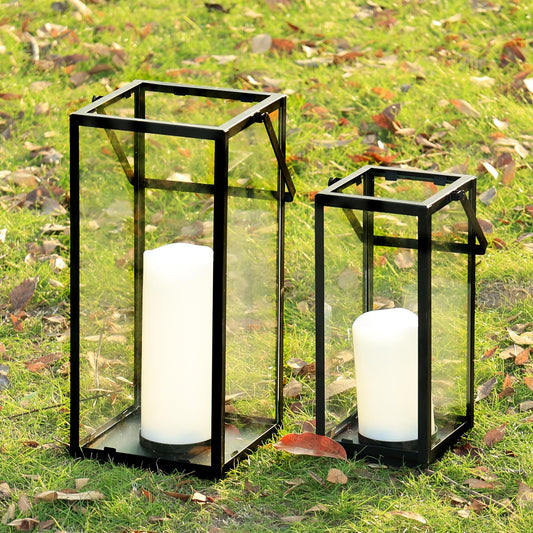 DECORKEY Lantern Decorative Outdoor & Indoor, 14.3'' & 11''H Metal Candle Lanterns Decor, Vintage Hanging Candle Holder for Front Porch Patio Wedding Farmhouse Home, Spring Decoration
