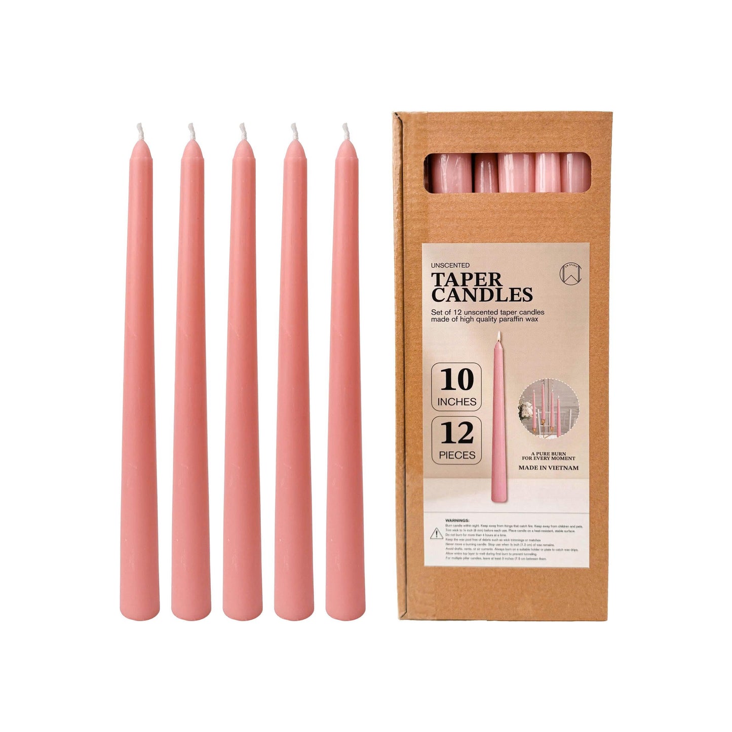 Taper Candles 10 Inch 12 Pack Light Pink – CW Studio Unscented 7-8 Hour Dripless Smokeless Burn, Vertical Fluted Design – for Wedding Centerpieces, Home Decor, Romantic Dinners & Holiday Tables