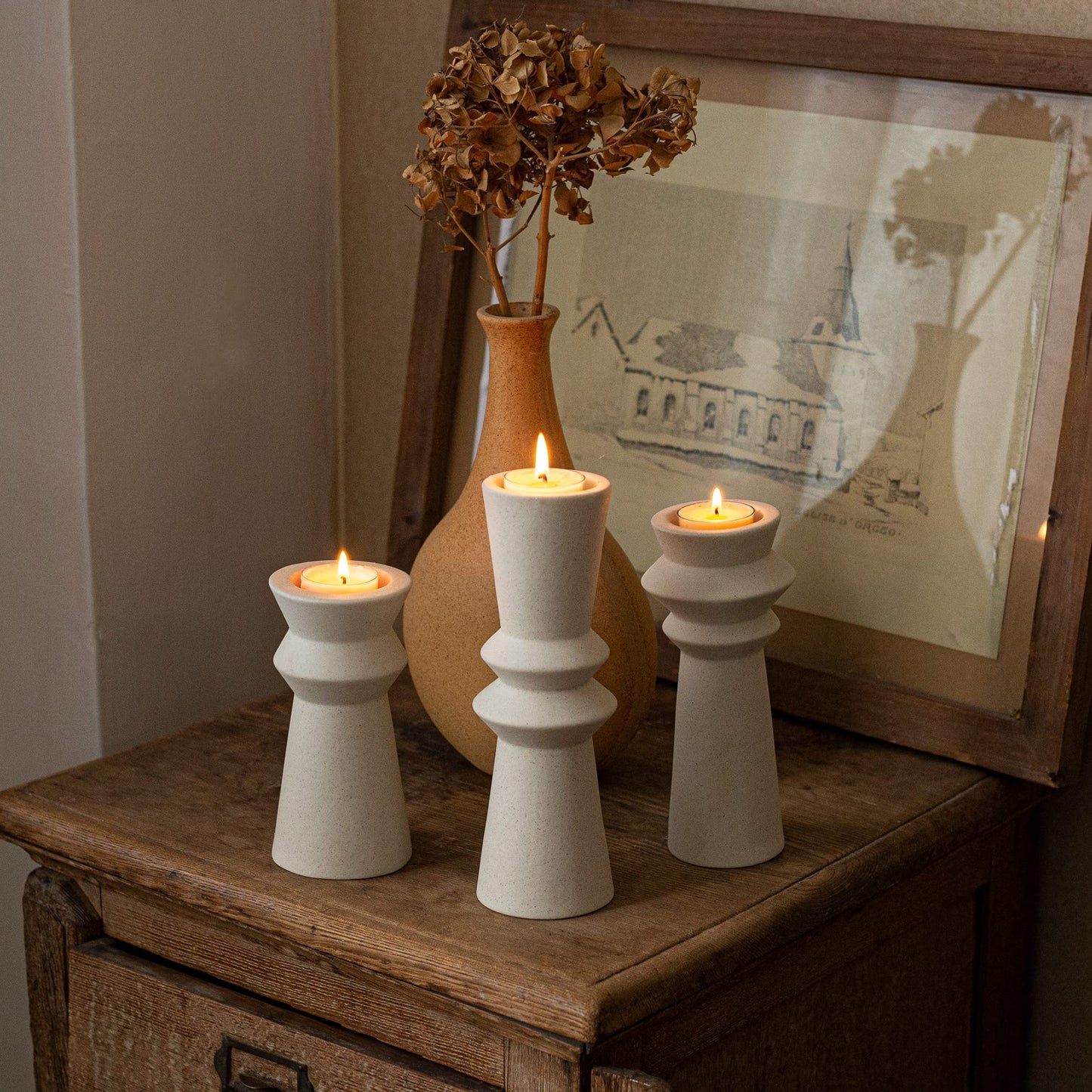 VICBOND Set of 3 Ceramic Candle Holders,Minimalist Style, Candle Burning Display Holder,for for Home Decorations, Wedding Parties, Festival Celebrations.