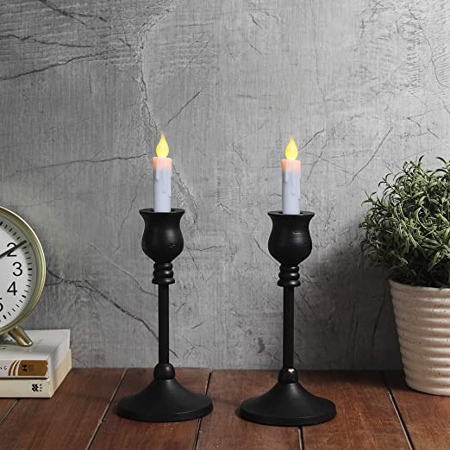 CVHOMEDECO. Flickering Taper Candles LED Drip Flameless Candles, Battery Operated with Timer, White, 4-3/4 Inch, Set of 4