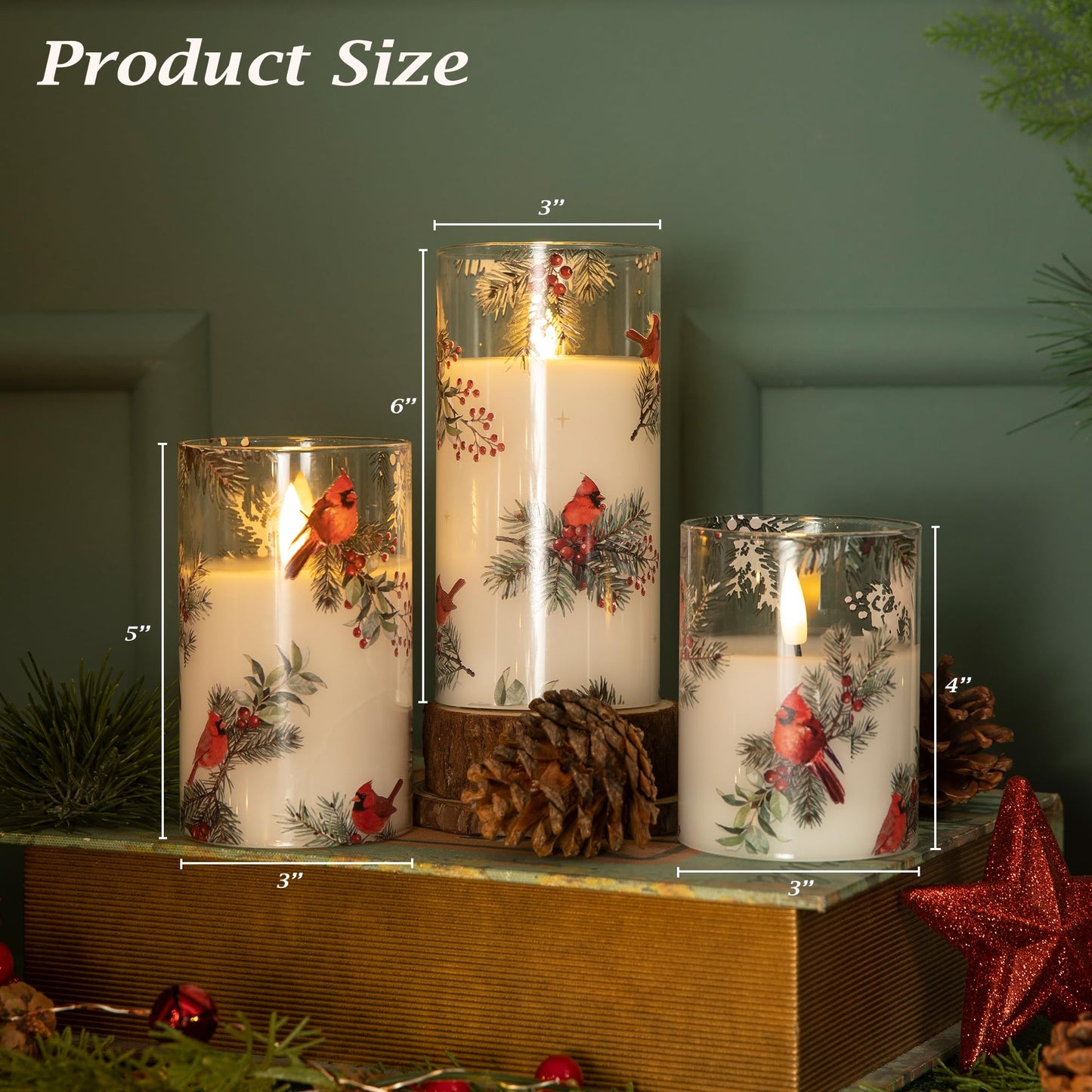 LUSHARBOR LUSHABOR Christmas Flameless Candles, 3 Pack Battery Operated Candles for Christmas Mantel Decor, Glass LED Flickering Candles Home Xmas Party Holiday D3 H4 5" 6", Bird