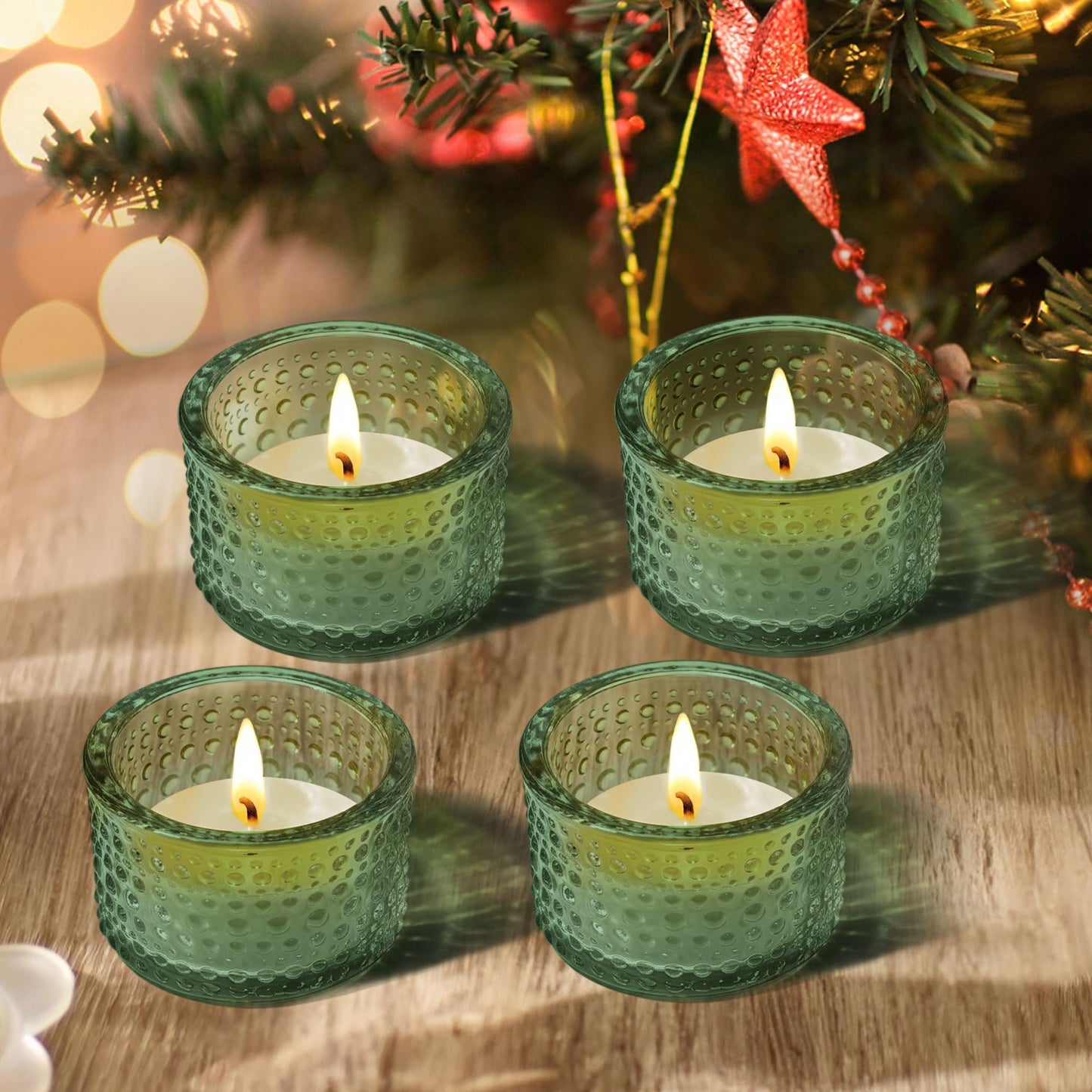 JOYIT Green Votive Candle Holders Bulk Set of 4, Tealight Candle Holder for Wedding Table Centerpiece, Glass Small Candle Holders for Birthday Party, Valentine's Day, Home Decor (2''X 1.4'')