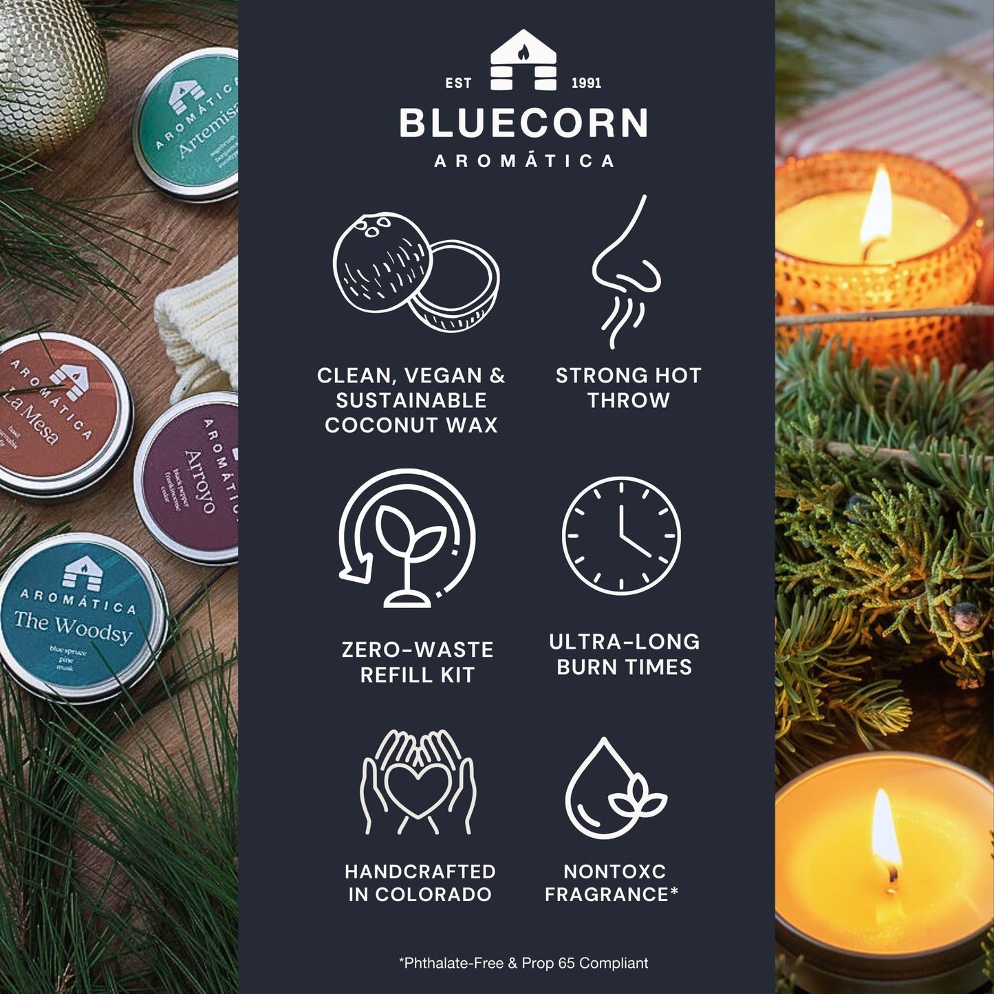 Bluecorn Aromática Scented Candle Tin, Ponderosa Pine, Pine, Cypress & Fir, Vegan Coconut Wax, Clean Burning & Long Lasting Christmas Tree Candle, Winter Home Decor, Gifts, American Made, 8 Oz
