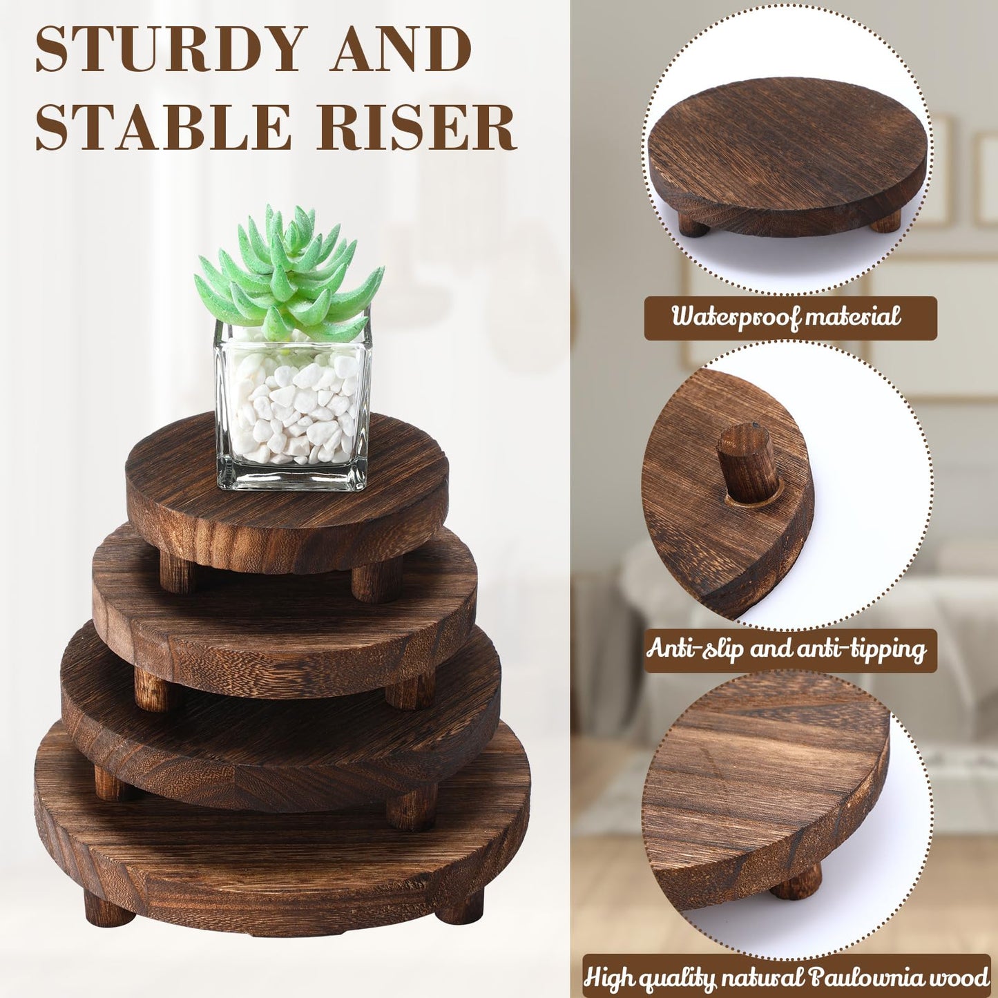 Geetery 4 Pcs Wooden Risers for Display Wood Pedestal Stand Mini Tray Stand Round Wooden Pedestal Holder Rustic Riser for Decor Tiered Tray Decor Home Kitchen, 5/6/7/8 Inch(Brown)