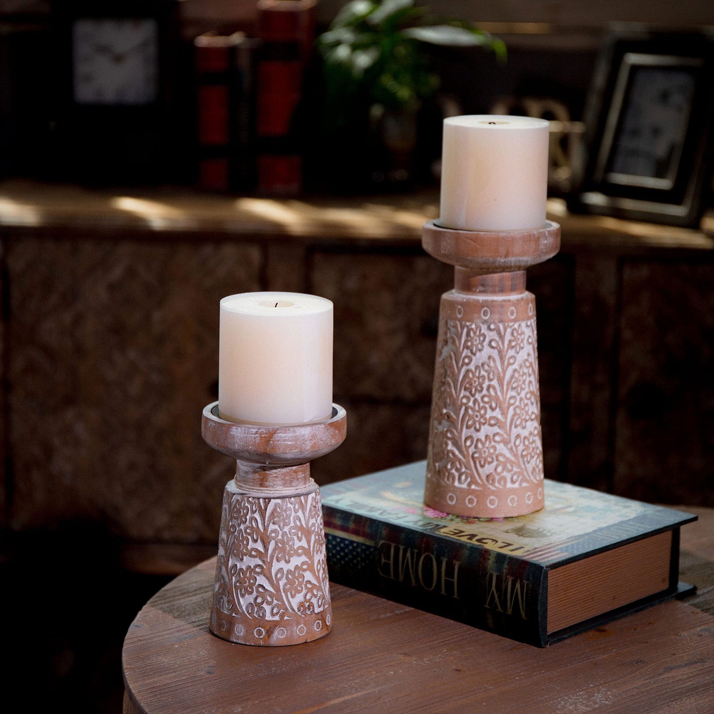 SOFE Handcarved Pillar Candle Holder Mantel, Farmhouse Wood Candle Holders, 6 Inch Tall Rustic Candle Holder for Dining Table Centerpiece Decor, Wooden Brown Candle Stands for Living Room, Bedroom