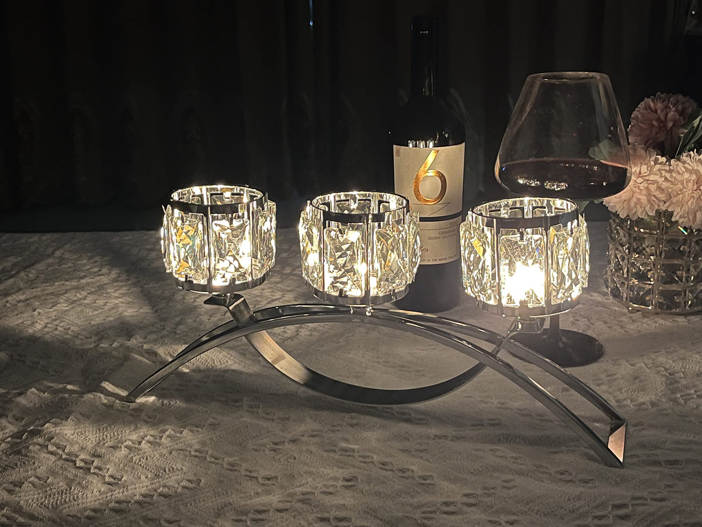 3 Arms Crystal Bowl Tealight Candelabra Votive Candle Stand, Wedding centerpieces for Tables Crystal Candlestick，Centerpiece Table Decorations (Silver)