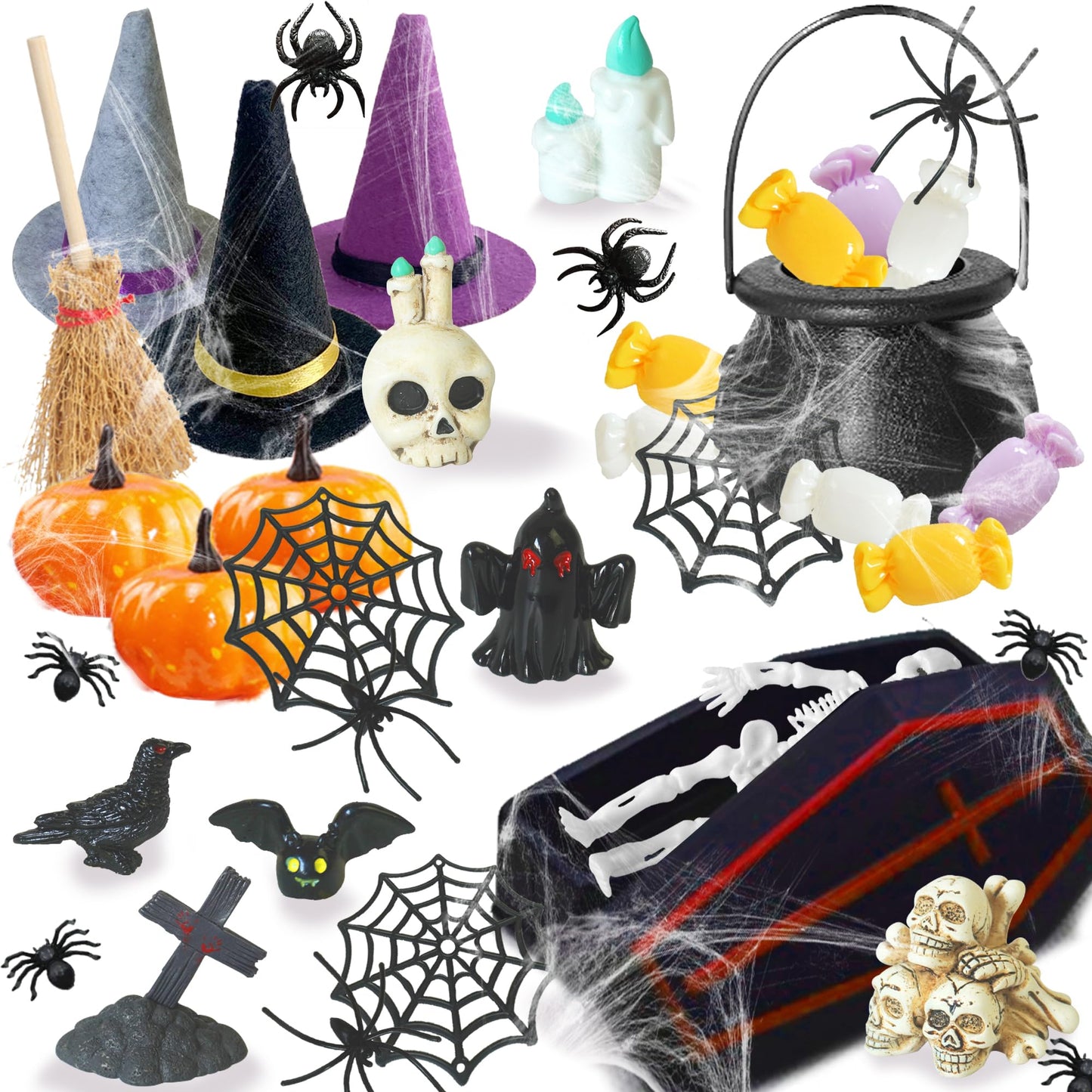 ZXSWEET Halloween Village Ornaments Accessories Desktop Decorations Witch Hat Coffin Skeleton Spider Pumpkin for Halloween Party Tabletop Decoration Supplies