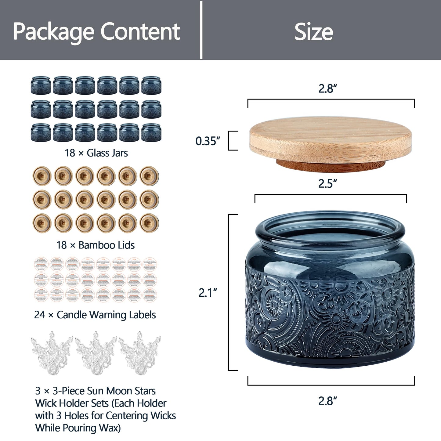 18-Pack 4oz Embossed Glass Candle Container with Bamboo Lids and Labels, Clear Candle Jars for Making Candles, Sun Moon Star Design (Purple)