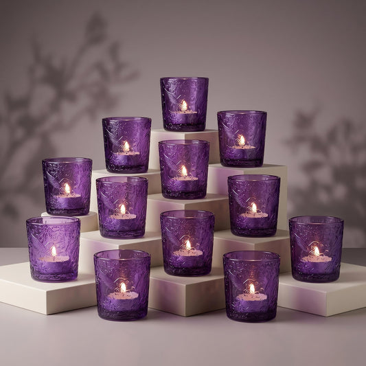 12 Pack Hummingbird Embossed Glass Candle Holders – Votive Tealight Holders with Patent Design, Decorative Embossed Glass Cups for Wedding Centerpieces, Parties, and Home Décor (Amethyst Bloom)