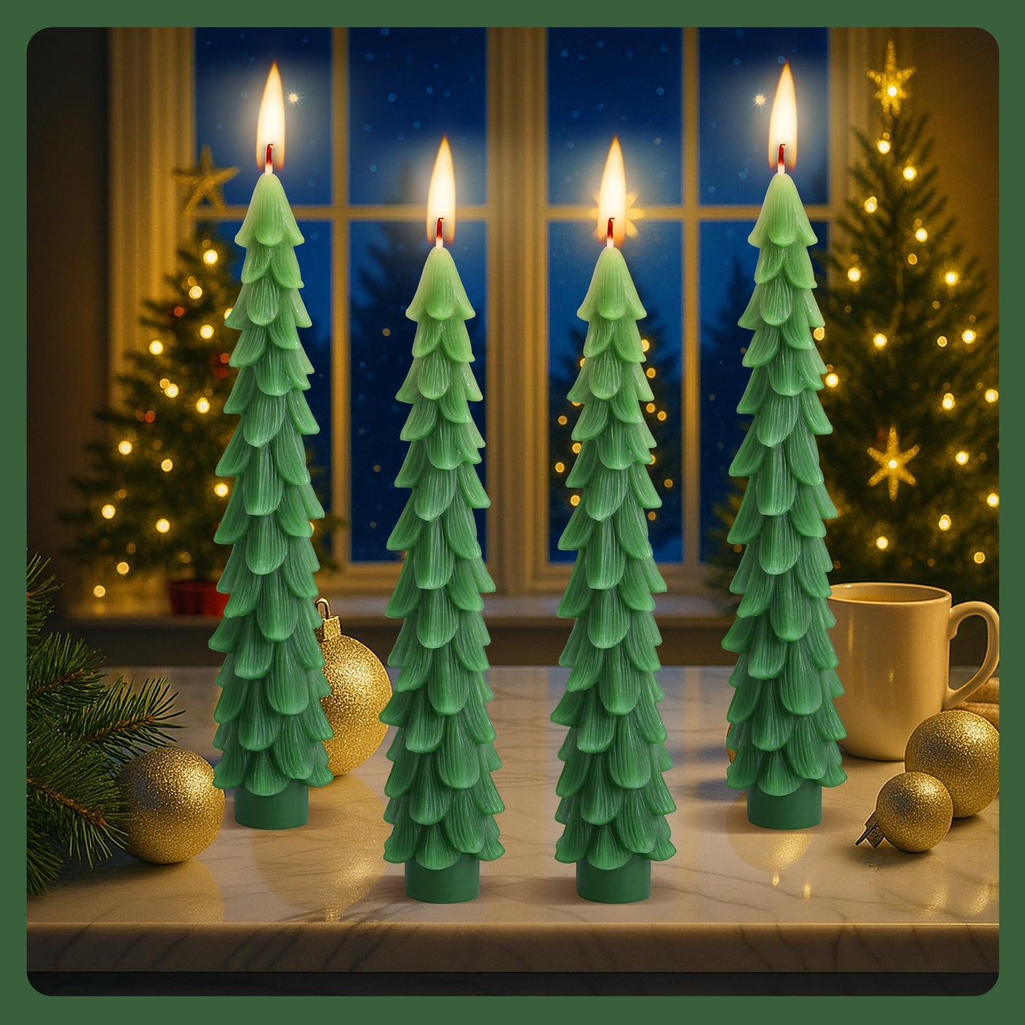 Shupakul 4 Pcs Christmas Tree Taper Candles-10 Inch Unscented Tree Shaped Taper Candle-Green Christmas Decorative Tree Candles for Home Decor Party Centerpiece Decoration