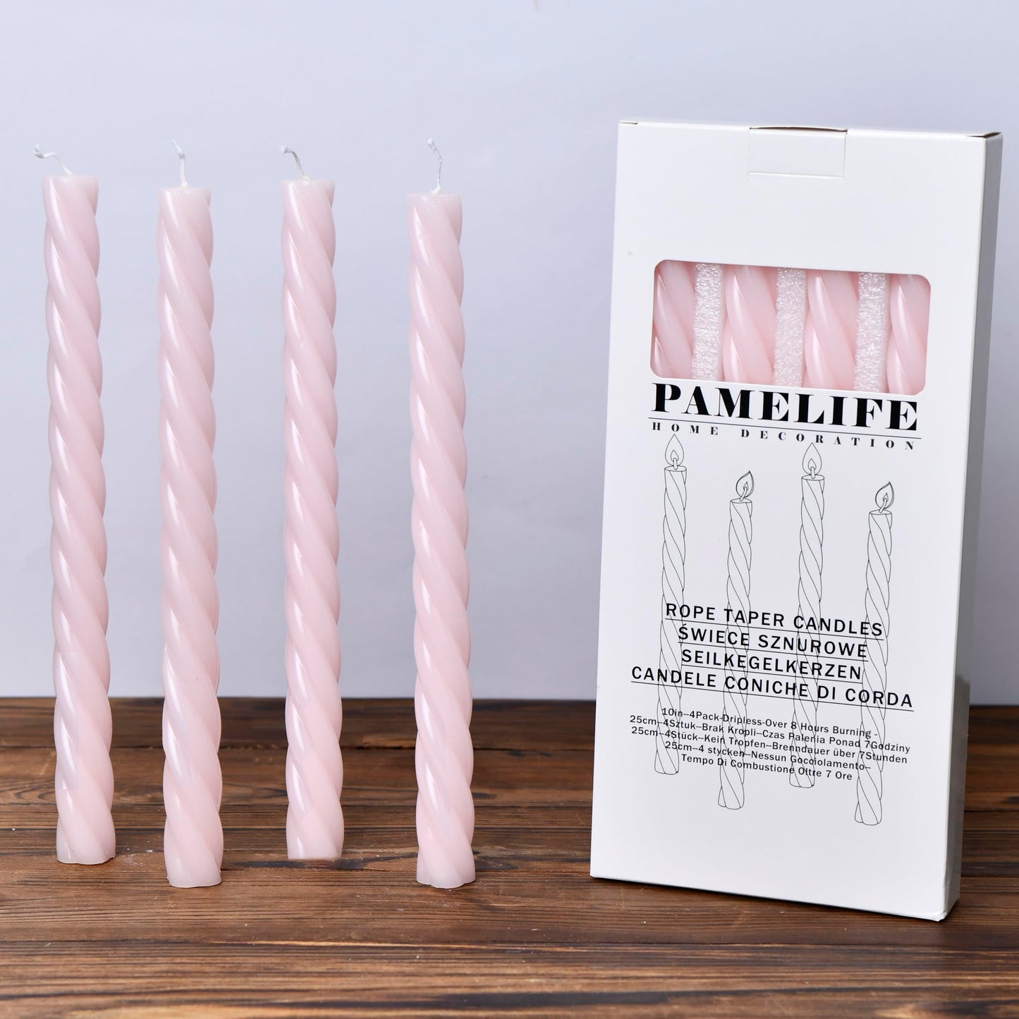 Pink Spiral Taper Candles,10 Inch Baby Pink 4pack Unscented Dripless Long Burning Time Glossy Candlesticks for Dinner Party, Wedding Shower and Home Decoration (Light Pink)