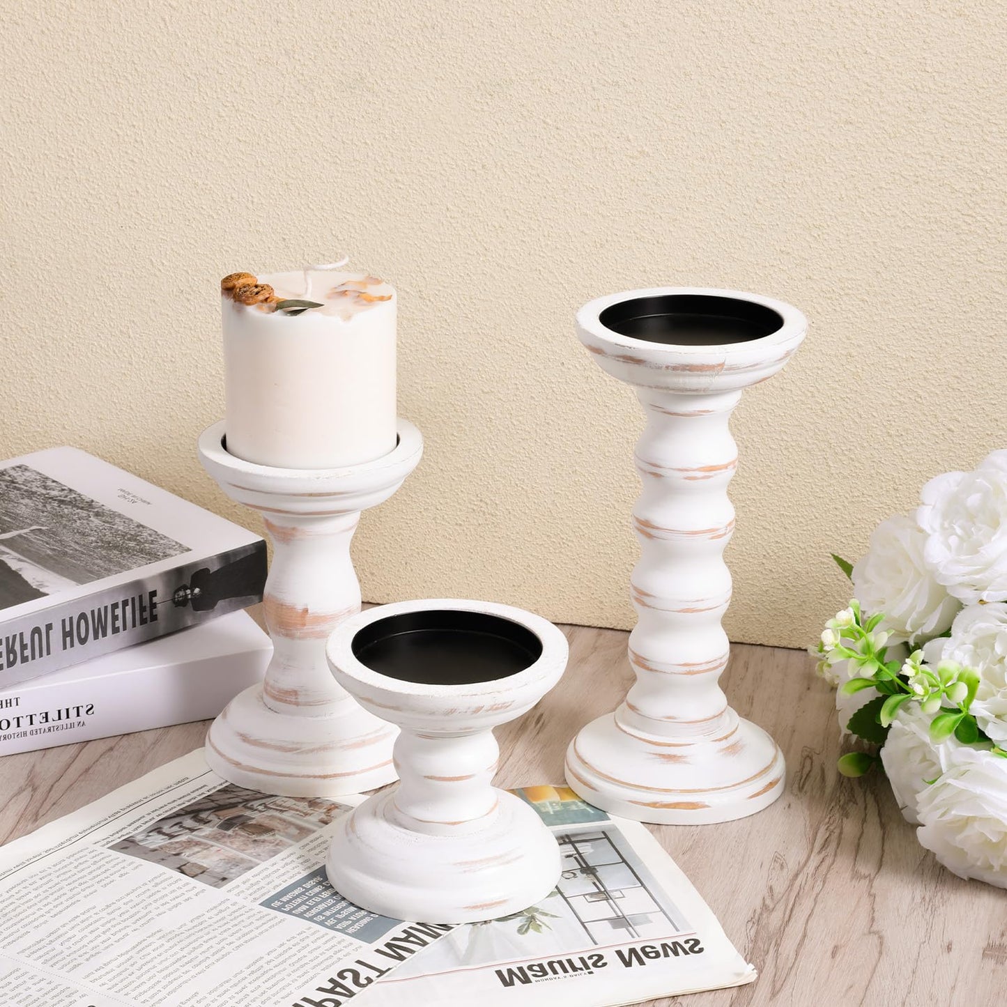 Rustic Candles Holder Set of 3 Farmhouse Wood Candle Holders Rustic Wooden Candle Stand Decorative Wood Candlestick Holdersfor Living Room, Table Centerpiece Dining Fireplace(White)
