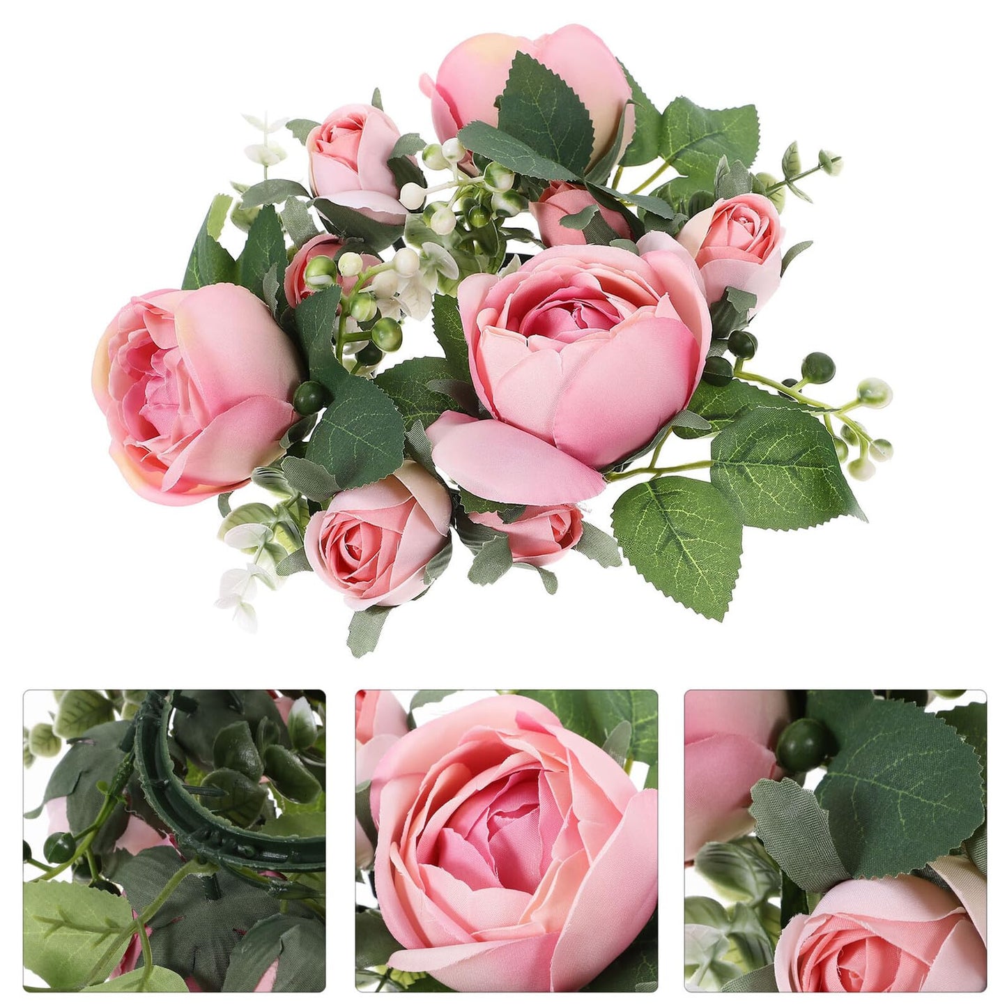 BEBEMOKO Artificial Rose Candle Ring Wreath Floral Table Centerpiece, Light Pink Faux Flower Candle Decor for Wedding, Valentine’s Day Party and Home Decoration