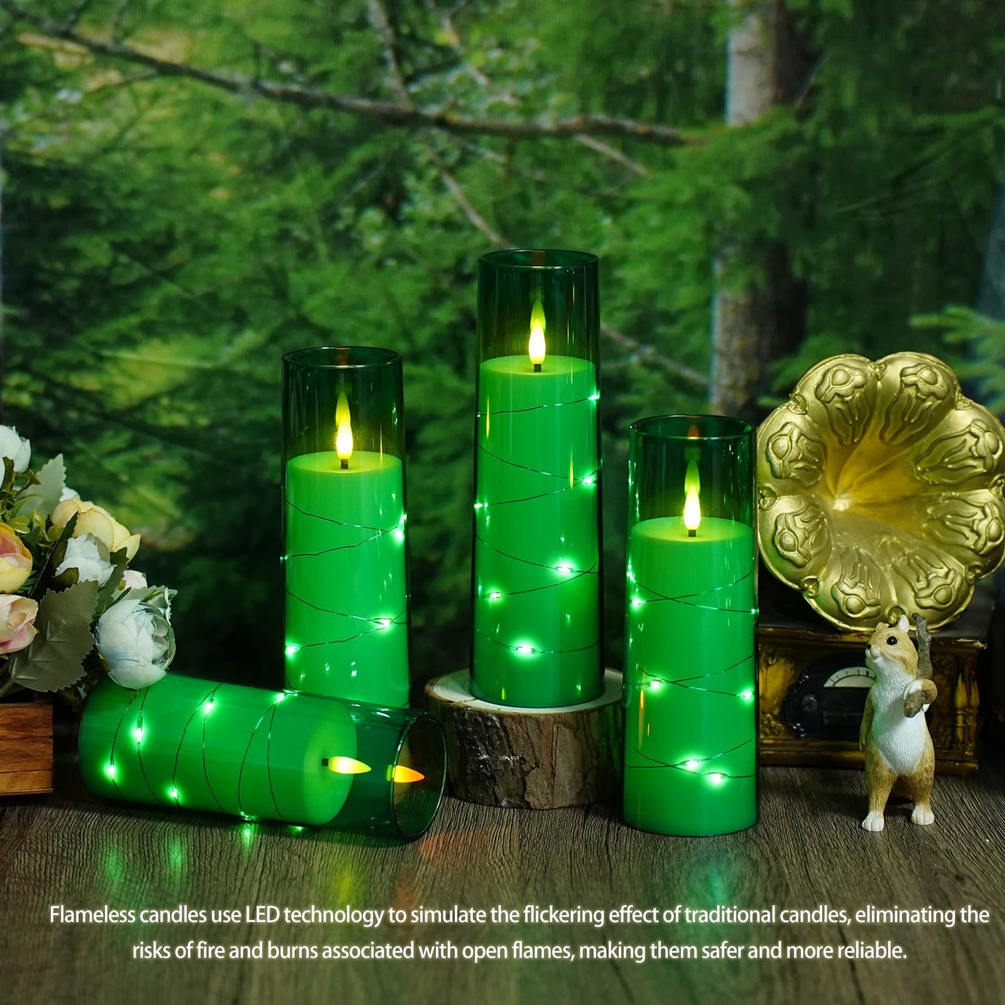 Eebuss Flameless Candles with Embedded Star String, Battery Operated LED Pillar Candles with Timer and Remote Control,Home Decorating for Ambiance， Set of 7 (Green)