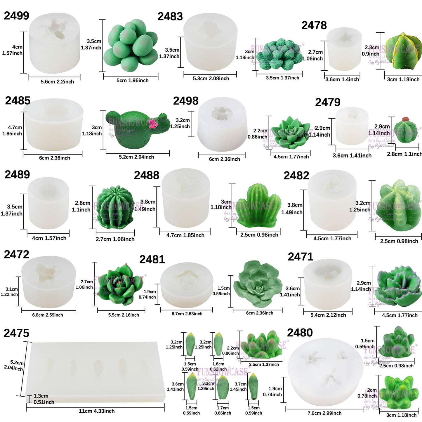 Funshowcase Cactus and Succulent Plant Silicone Molds Set for Epoxy Resin Soap Candle Wax Polymer Clay Concrete Plaster Fondant Cake Decor Chocolate with Beginner Tutorials