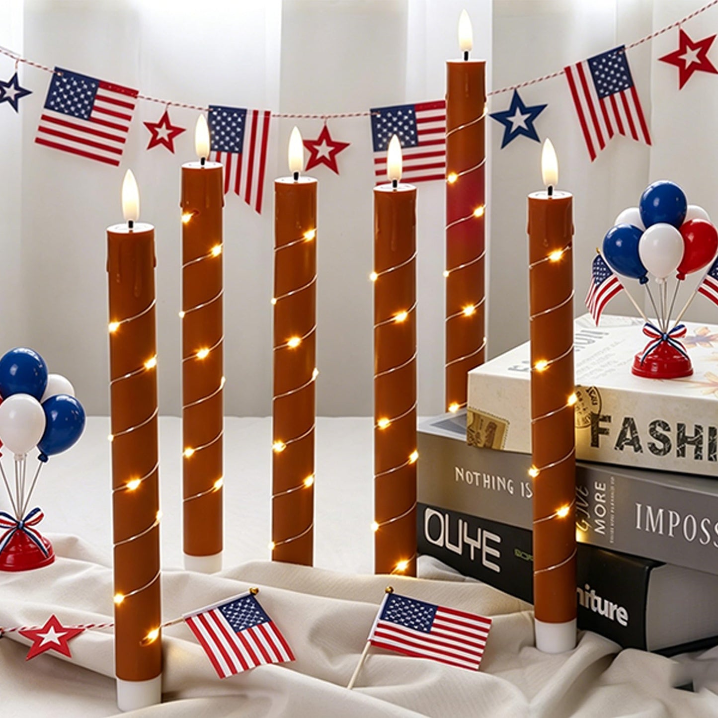Patriotic Flameless Taper Candles with Remote for 250th Anniversary Decorations，3D Flickering Flame LED Candles Arounded with Starlight String for 4th of July Decoration, Pack of 6, Reddish Brown
