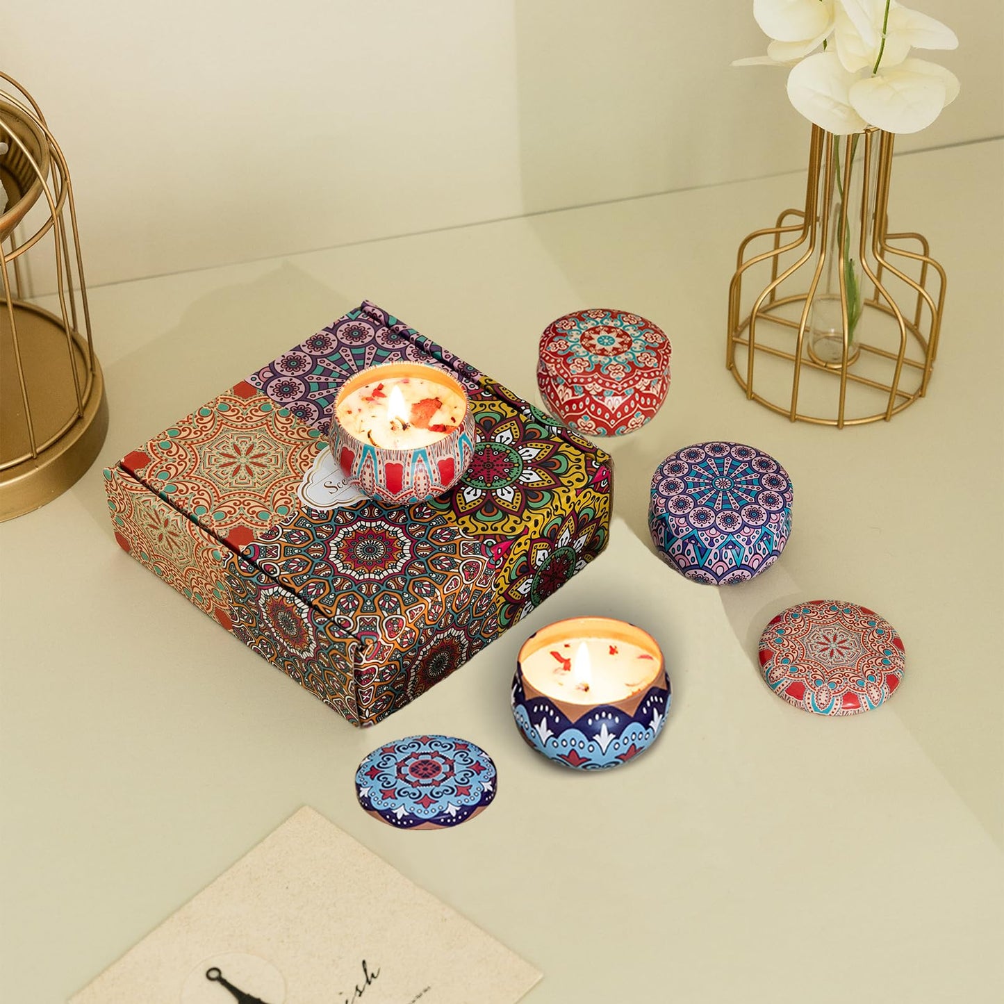 Scented Candles Gift Set, 2.5 oz Aromatherapy Candles for Home, Portable Candles, Soy Wax Tin Jar Candles for Yoga, Bath Long Lasting Time Candles Gift for Women Lavender/Rose/Vanilla/Wolfberry Orange