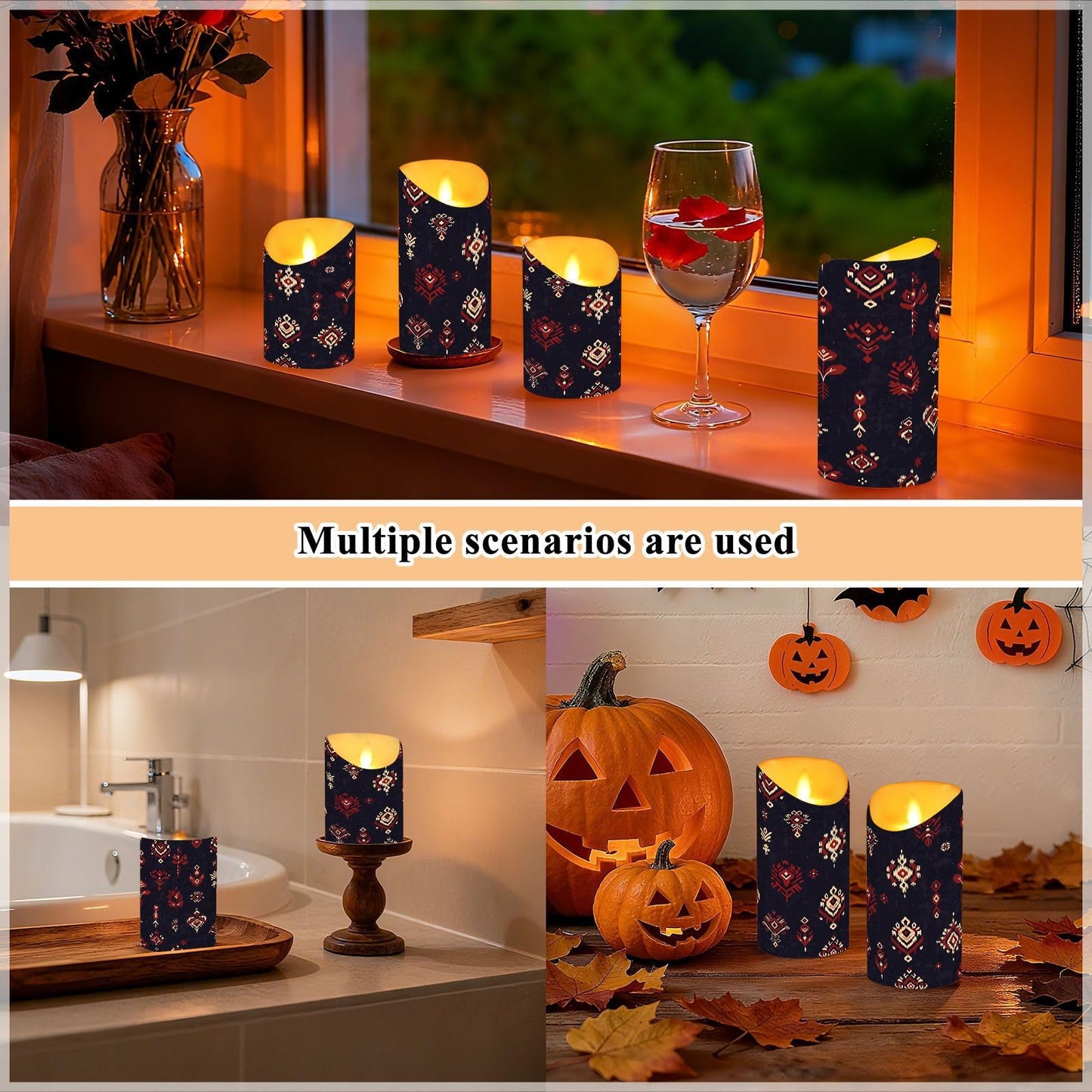 Gravopti Tribal Ikat 2 Pack Flameless LED Pillar Candles with Remote & Timer, Battery Operated, Flickering Wax Candle for Wedding, Romantic Home & Party Decor