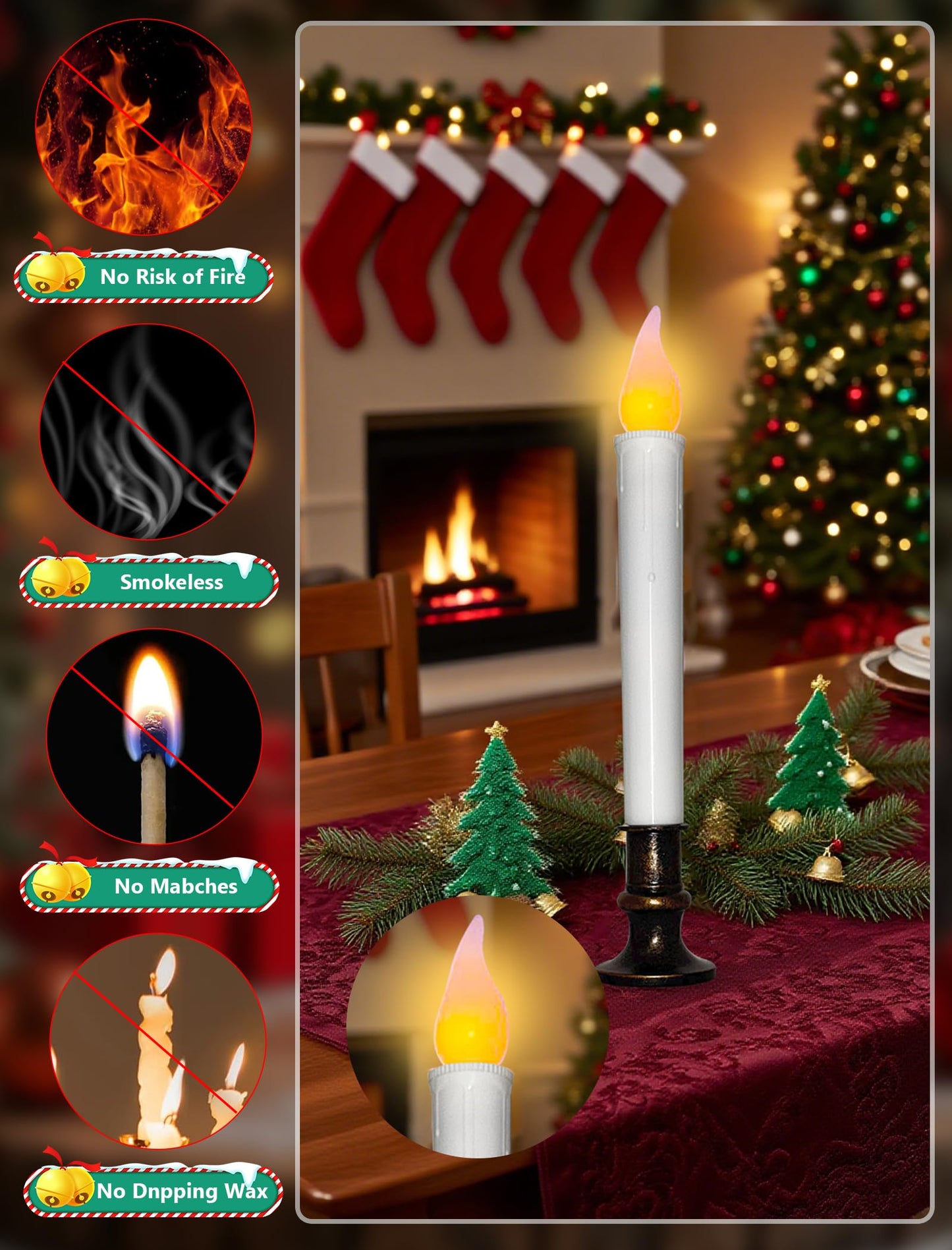4 Pcs Christmas Window Candles with Timer, 9’’ LED Battery Operated Window Candle Lights with Flickering Flameless Flame, LED Candlesticks for Holiday Christmas Window Table Home Decor-Bronze Base