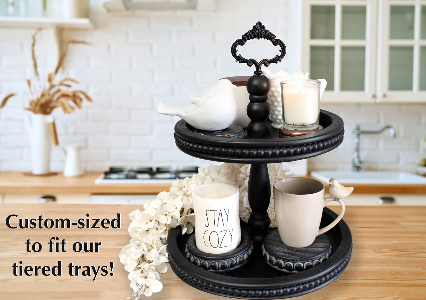 Felt Creative Home Goods Set of 2 Round Rustic Wood Beaded Risers - Sturdy 2-Sided Stackable Decor Pedestal Stands for Tiered Tray, Candle, Mug Display (Rustic Black, 5 inch)