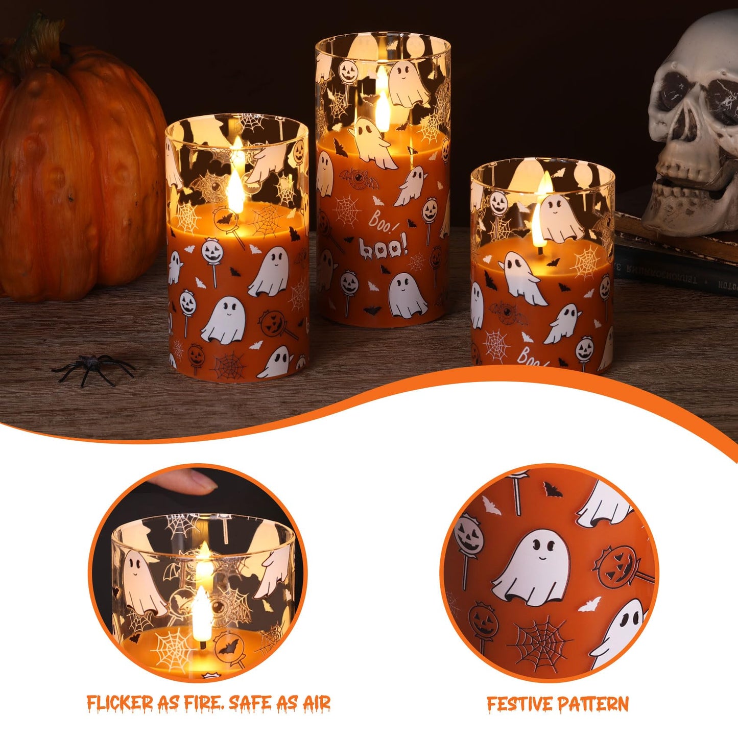 Girimax Orange Halloween Flameless Pillar Candles with Remote, Glass Flickering LED Wax Candles Battery Powered Set of 3