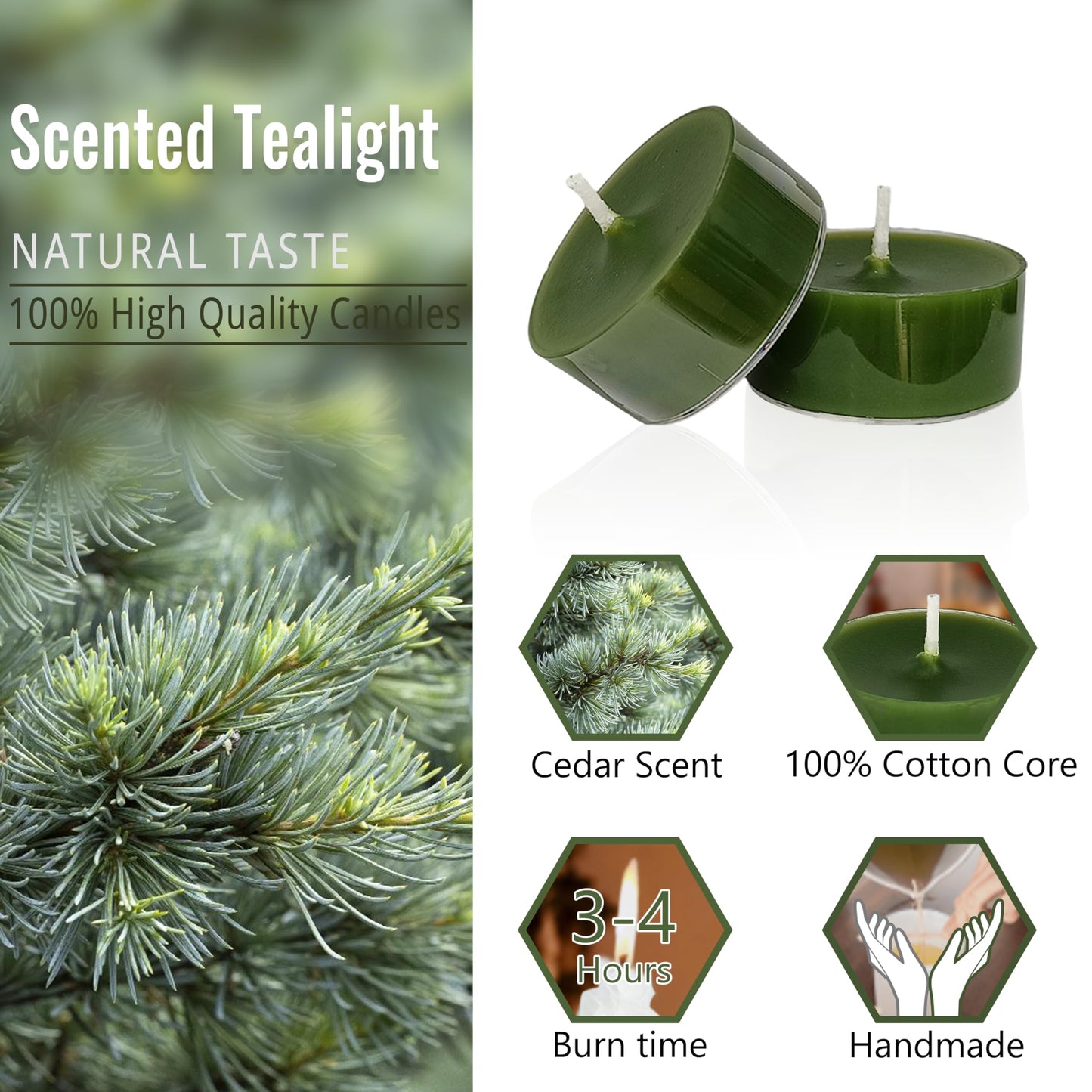 Green Tea Candles Tea Lights Smokeless Cedar Scent Tealight Candles Handmade Tealights Set of 24 Long Burning for Wedding Meditation Dinner Home Decor