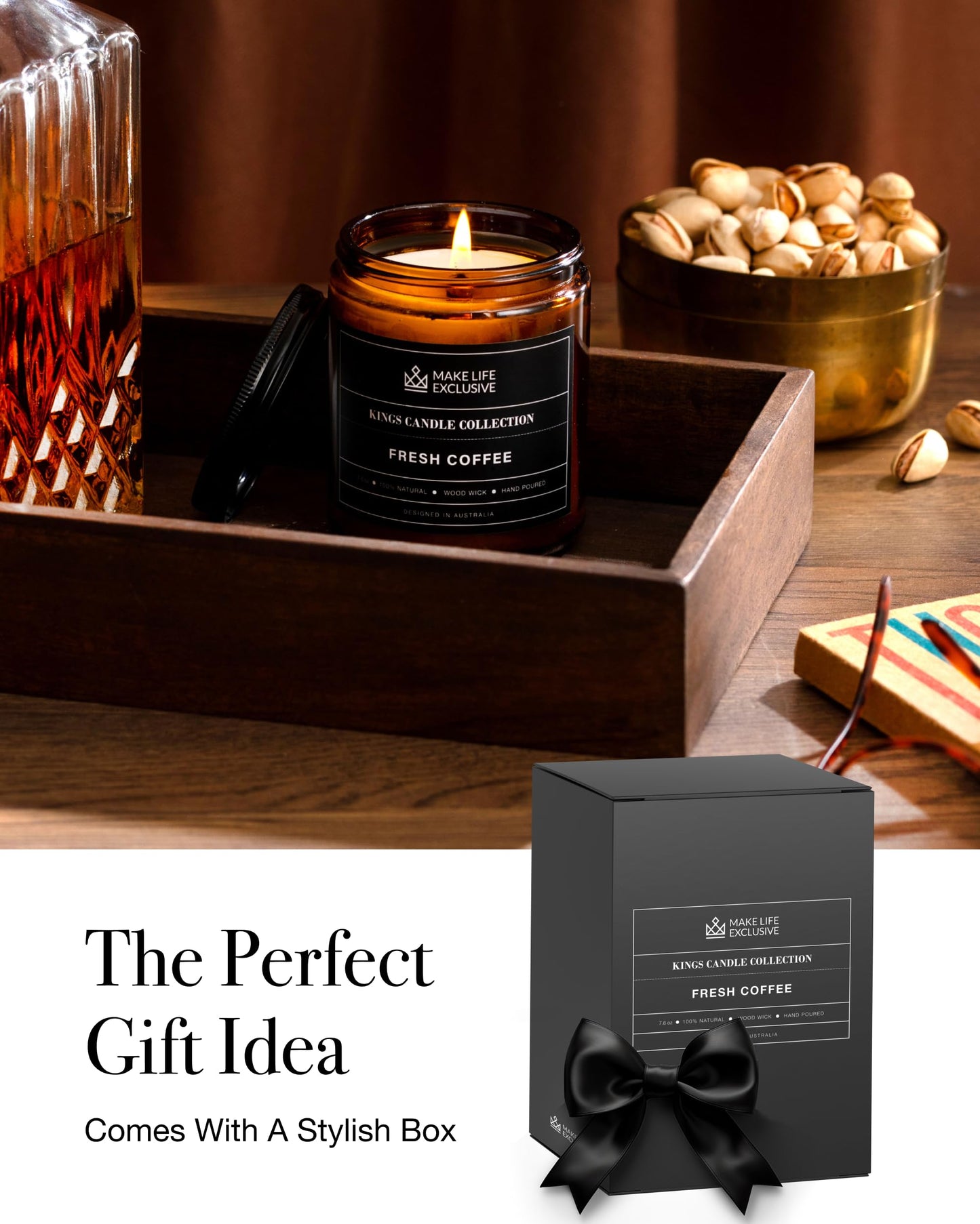 Scented Candles for Men | Fresh Coffee, Smells of Espresso | Wooden Wick, Long Lasting, Masculine Scents | Natural Soy Jar Candle for Home, Bachelor Pad Decor | The Perfect Mens Gift