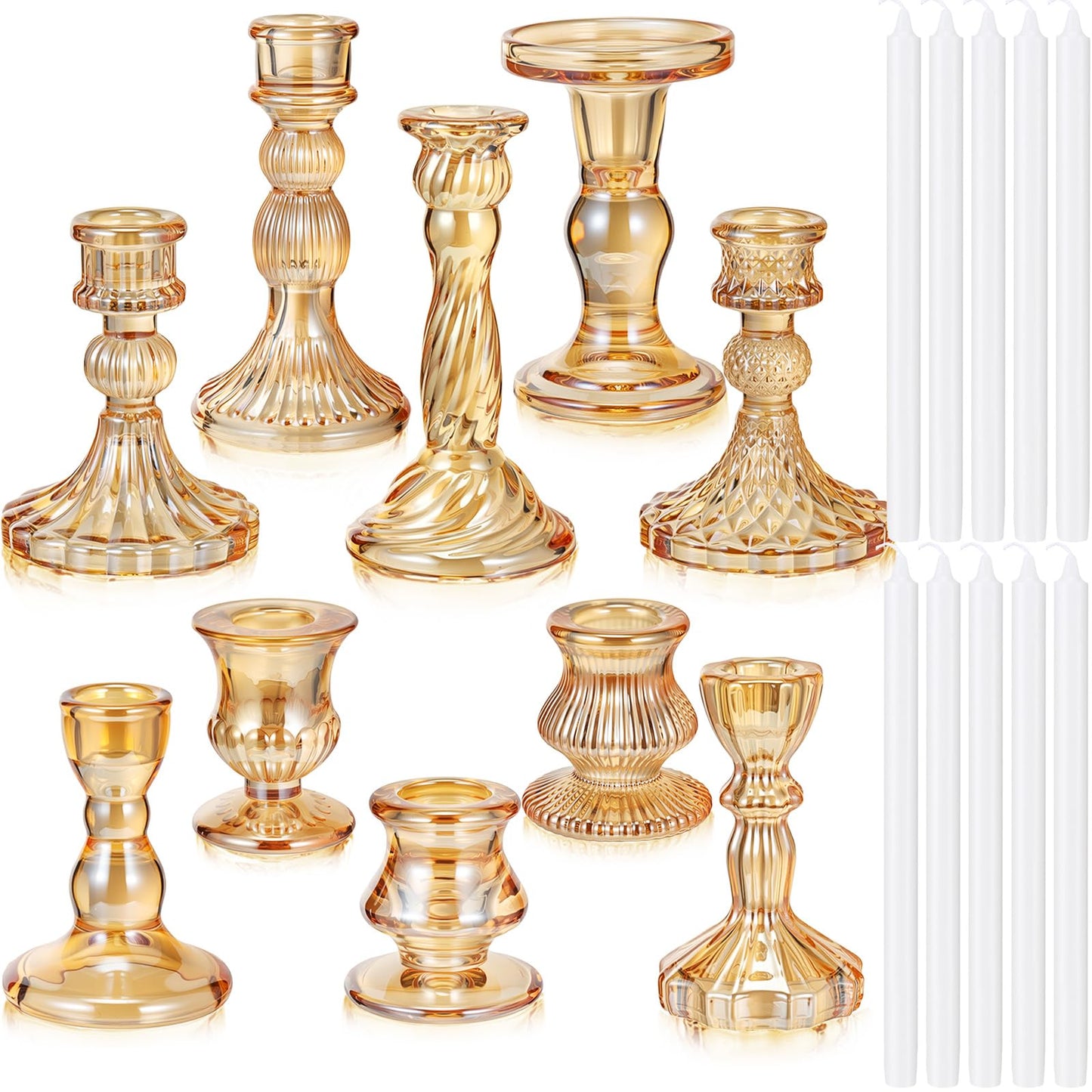 Mumufy 10 Sets Glass Crystal Taper Candle Holders Stand Centerpiece Bulk with 10 in Taper Candles Sticks Clear Decorations Table Wedding Dining Party (Gold)