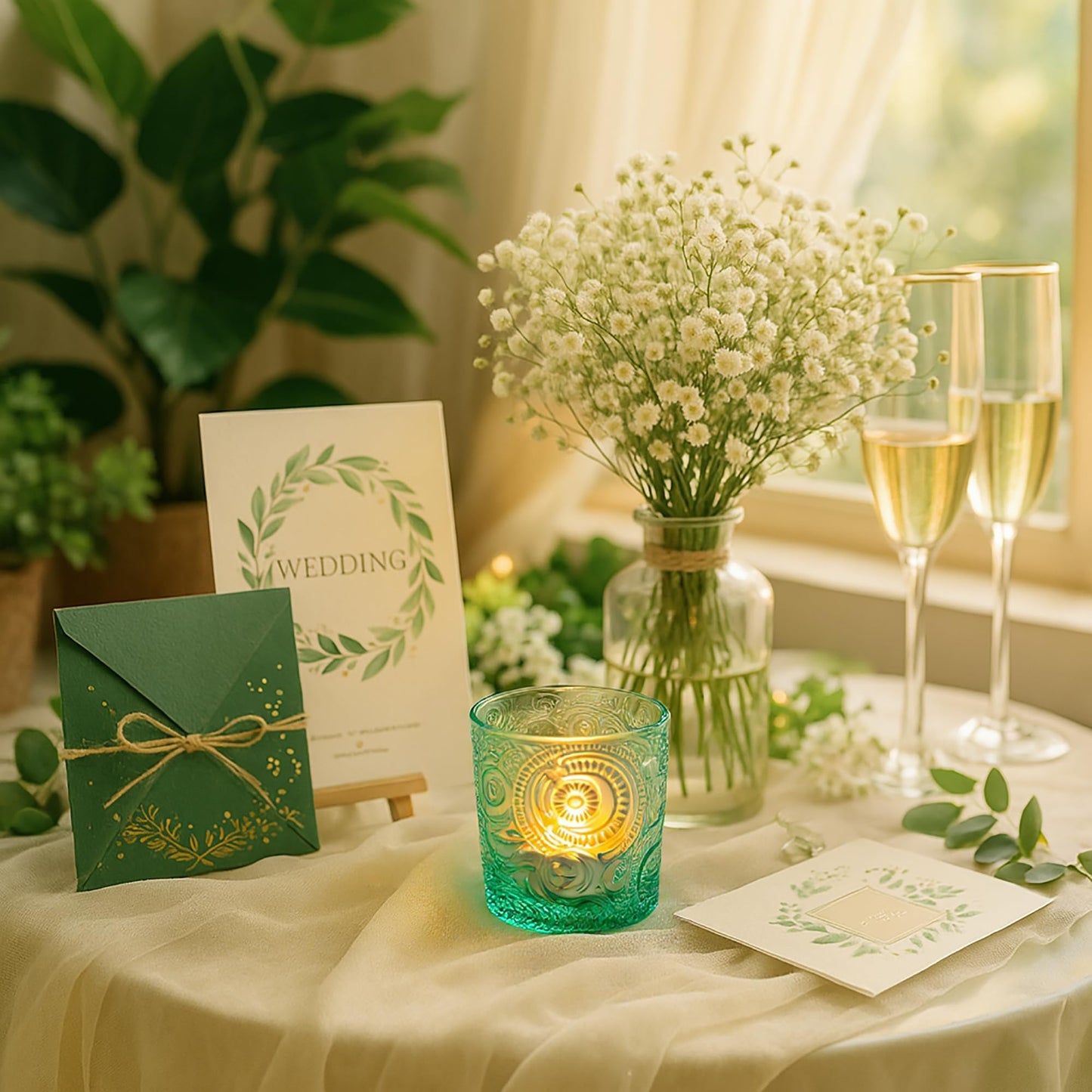 6 Pack Sun Moon Star Embossed Glass Tea Light Candle Holders - Votive Candle Holders for Wedding, Party, Home Decor, and Table Centerpieces (Apple Green)