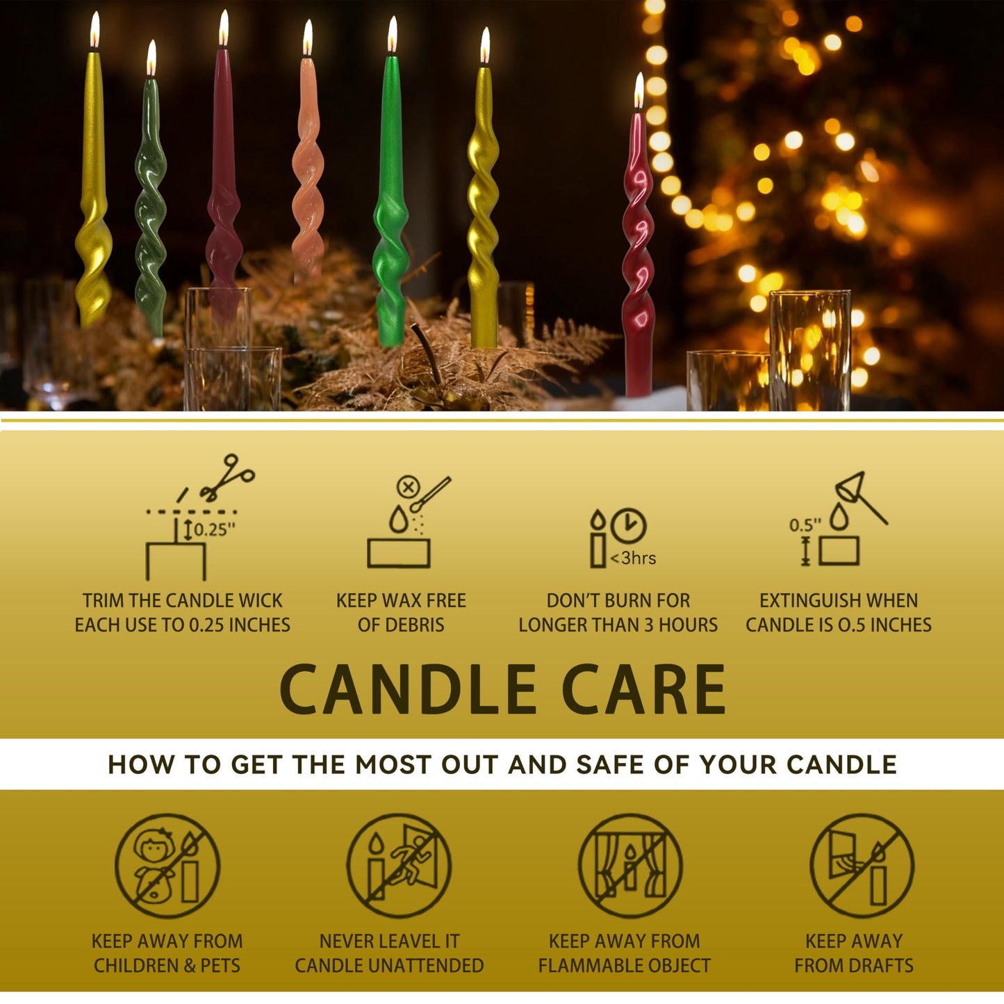 Christmas Spiral Candles Metallic Goldd Taper Candles -10 in Unscented Candlestick for Winter Gift Holiday Christmas Home Decoration Candles, 4 Pack