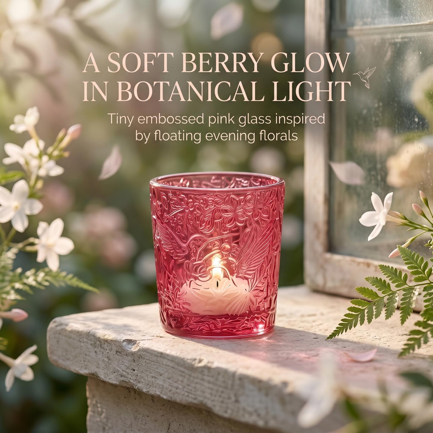 6 Pack Hummingbird Embossed Glass Candle Holders Votive Tealight Holders with Patent Design, Decorative Glass Cups for Wedding Centerpieces, Parties, and Home Decor (Wildberry Red)