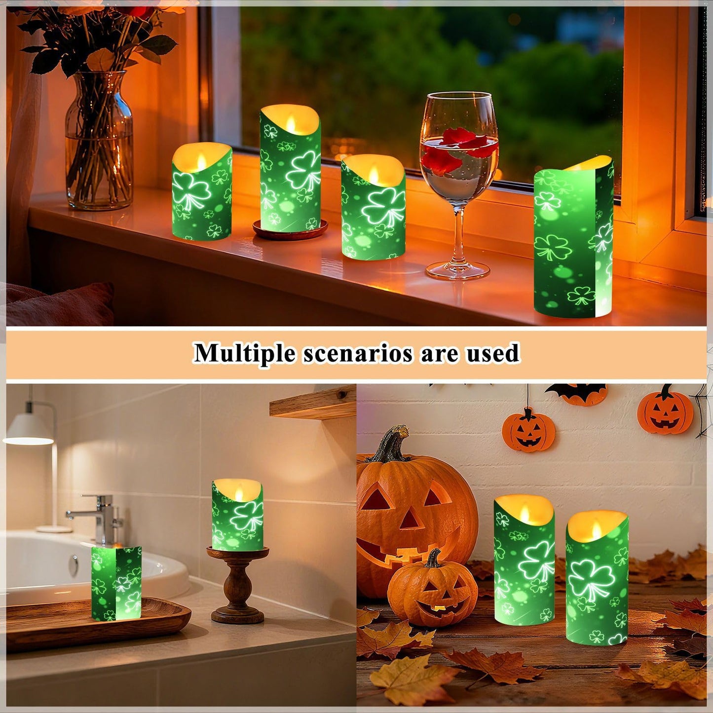 St. Patrick's Day Flameless Candles Set of 2 Green Clover Shamrock G Realistic LED Candles with Remote Battery Operated Holiday Decorations