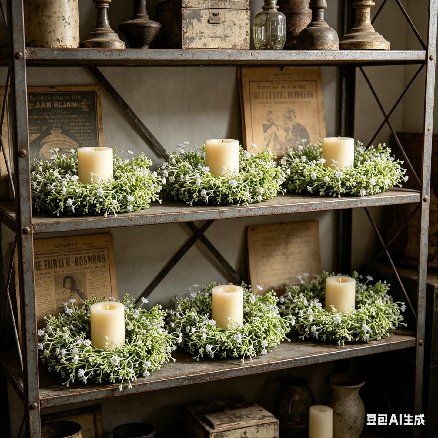 8 Pcs Mini Baby Breath Candle Rings Wreaths Gypsophila Pillar Holder Wreath Artificial Flower Spring Summer Floral Wreath for Wedding Farmhouse Porch Cabinets Table Decoration