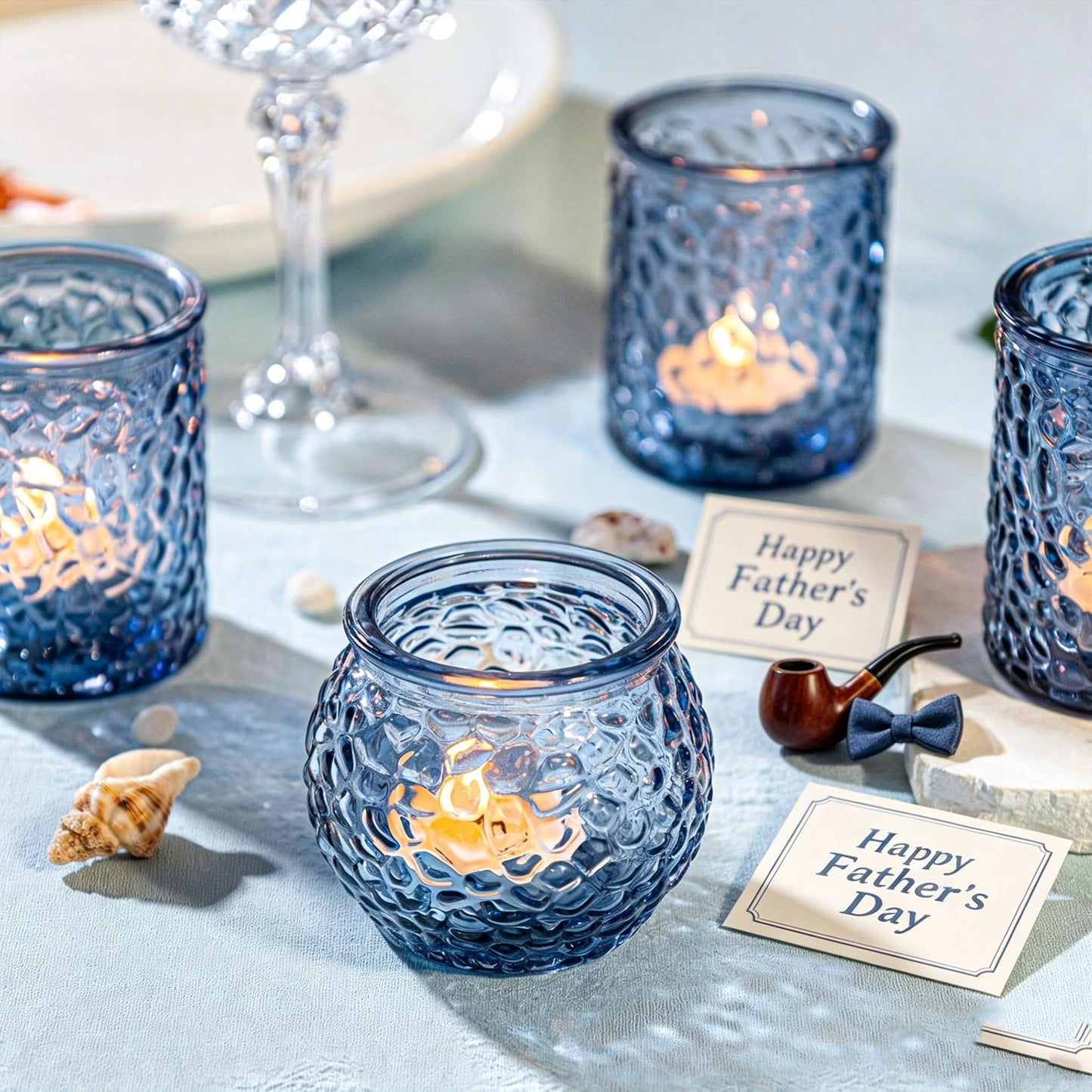 WELLIFE 24-Piece Blue Glass Votive Candle Holders Set – Tealight Candle Holder Glass Bulk with 12 Round & 12 Hammered Textured Cups, Blue Votive Candle Holders for Weddings, Parties, Home