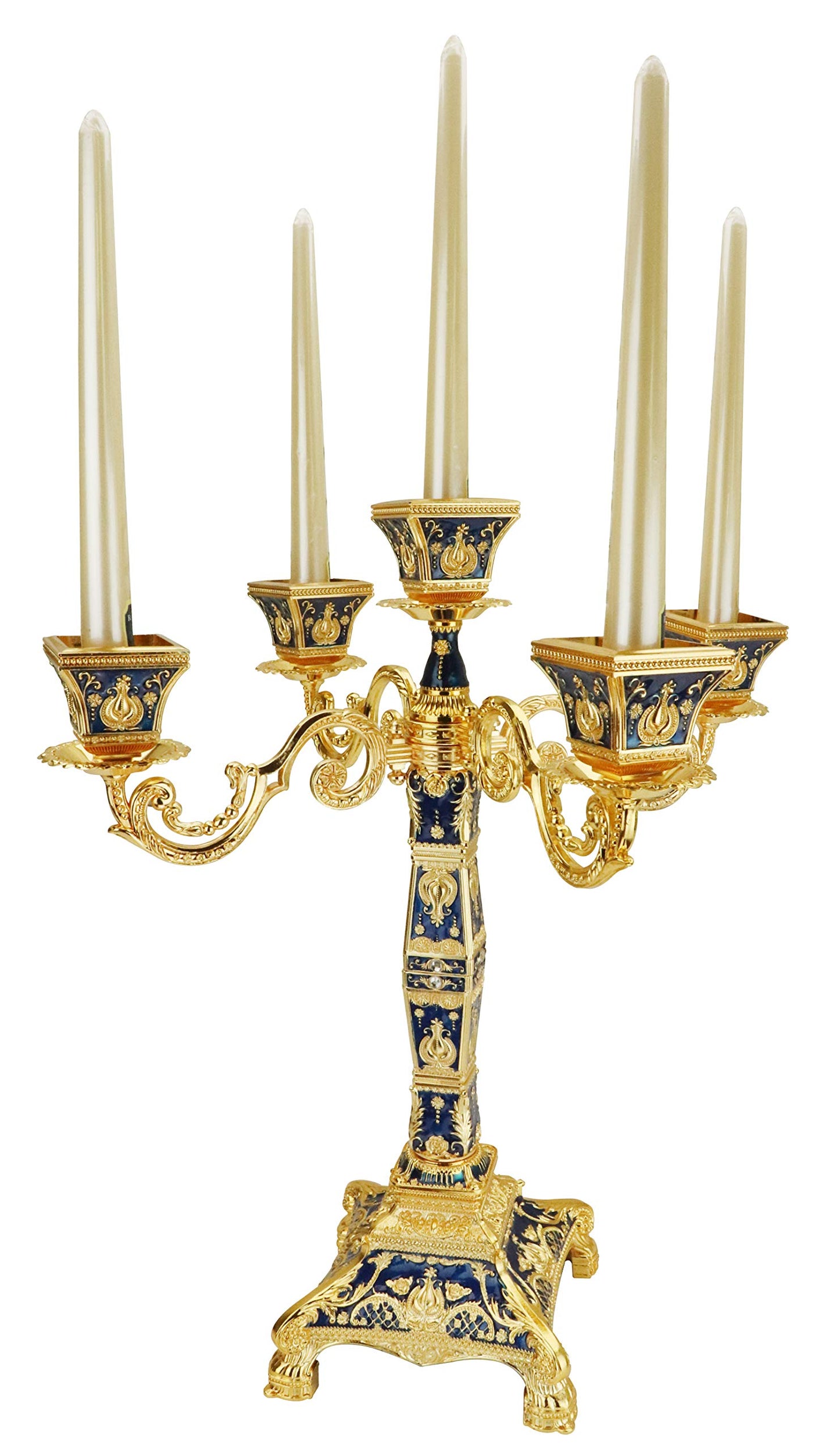 RosyLine Metal Candelabra 17" Height, Candle Holder with 5 Arms,Antique Bronze Furnish Candle Holder, Centerpiece for Home Decro,Wedding Event, Party,1 Pack (Golden Blue)