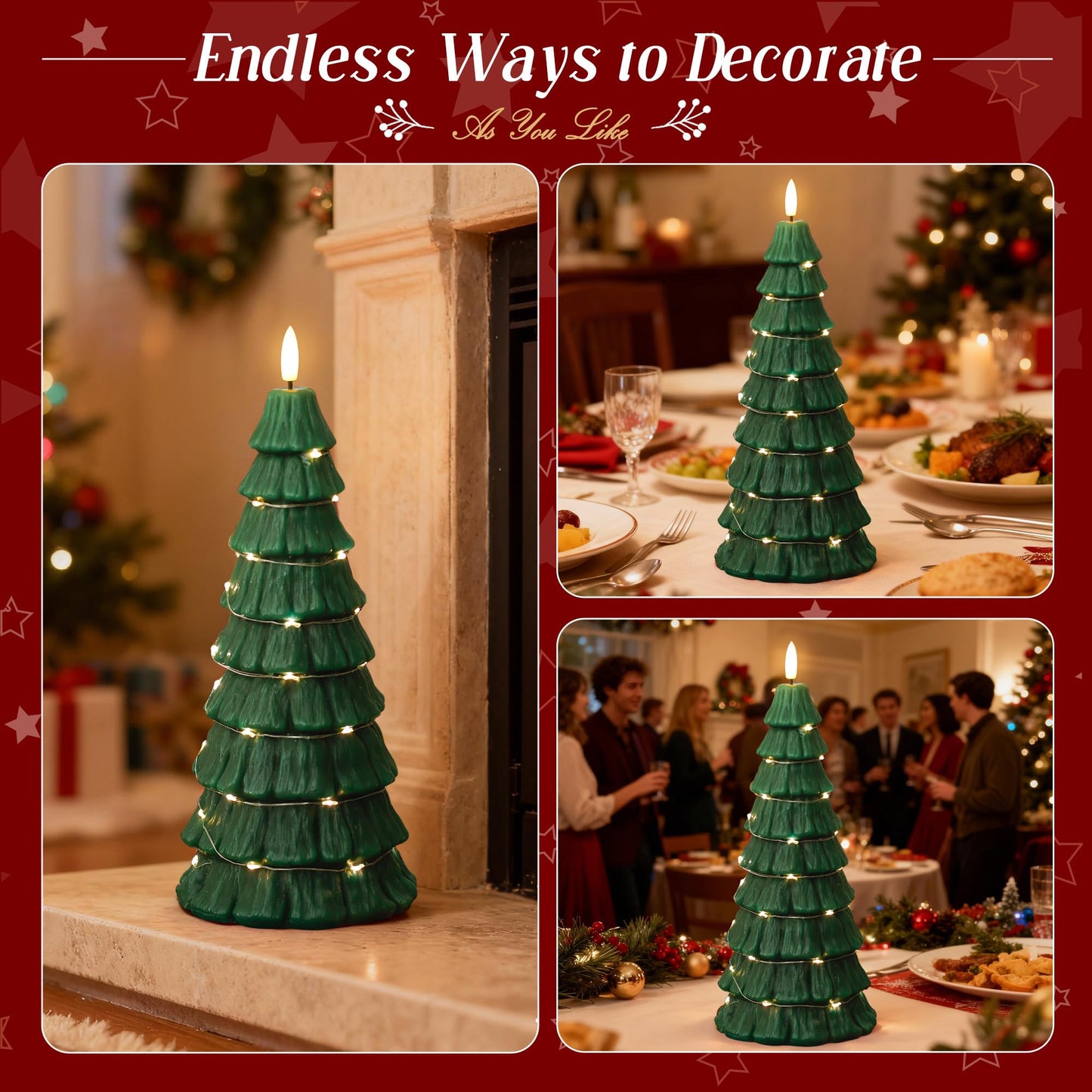 AFINETH Christmas Tree Candles with Remote, Christmas Flameless Candles with Embedded Star String Fairy Lights, Battery Operated Candles, Flickering Xmas Flameless Candles for Table Decor