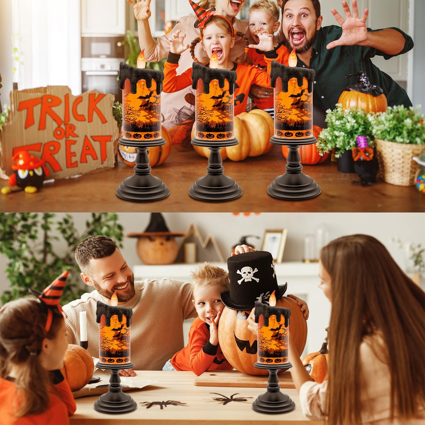 Halloween Snow Globe Flameless Candle – Lighted Halloween Glitter Lantern with Spinning Water and Timer, Pumpkin & Bat Scene Halloween Decor for Home, Party, Table Centerpiece